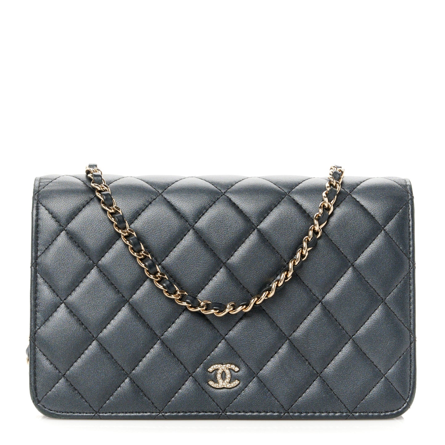 Iridescent Lambskin Quilted Pearl Wallet On Chain WOC Black