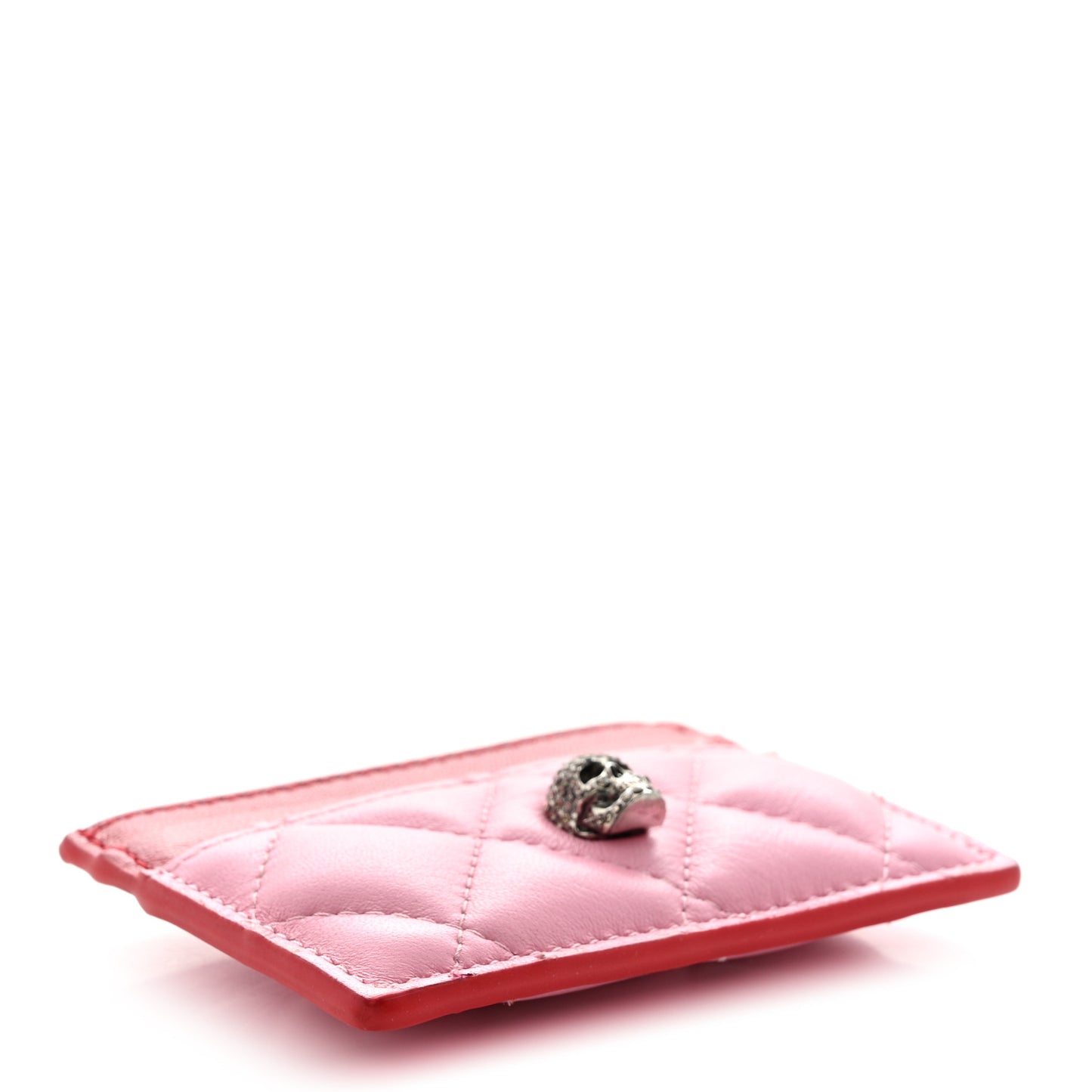 Lambskin Quilted Skull Card Holder Pastel Pink