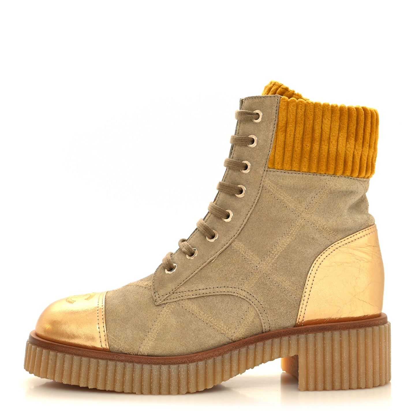Suede Calfskin Velvet Laminated Quilted CC Combat Boots 38 Beige Yellow Gold