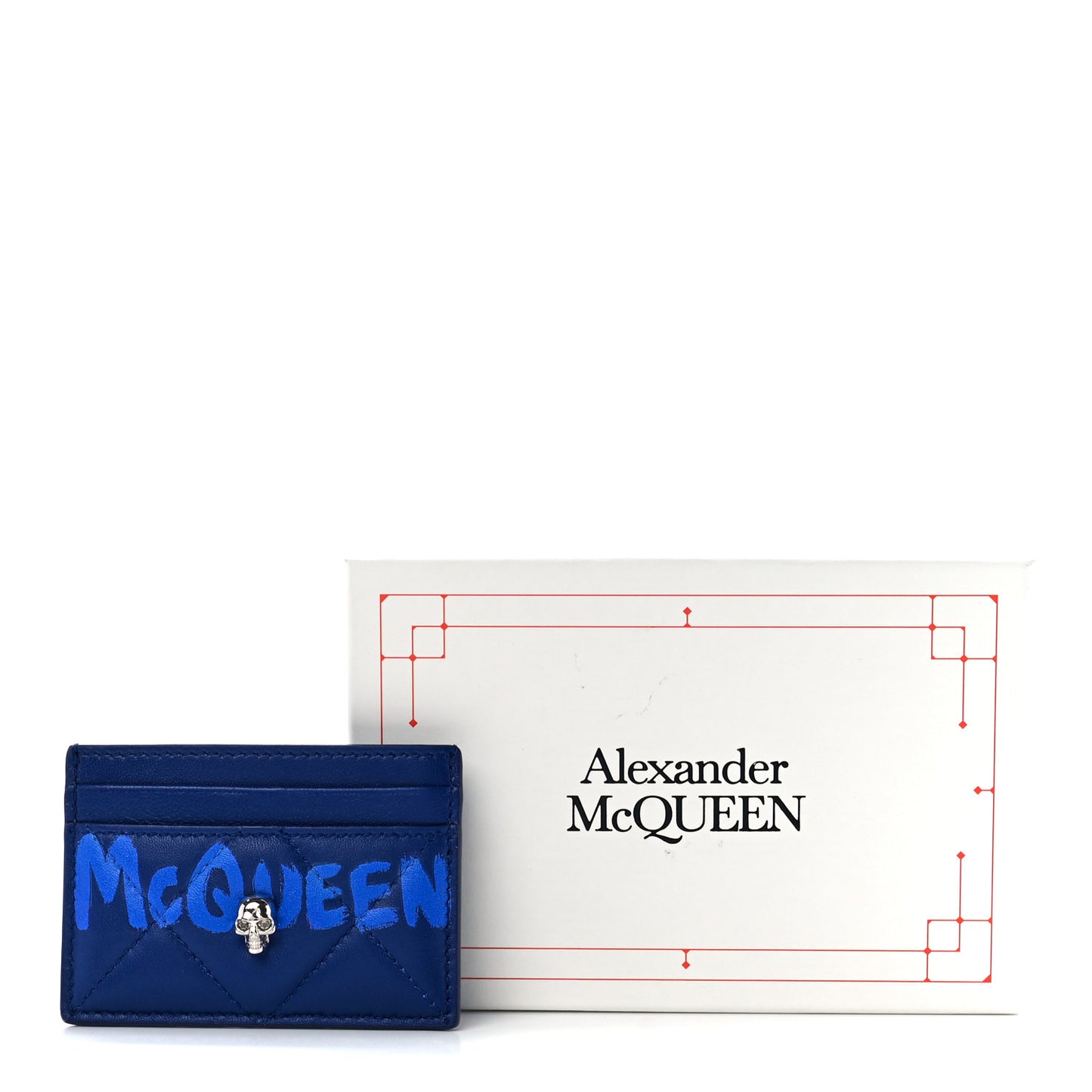 Lambskin Quilted Graffiti Skull Card Holder Blue