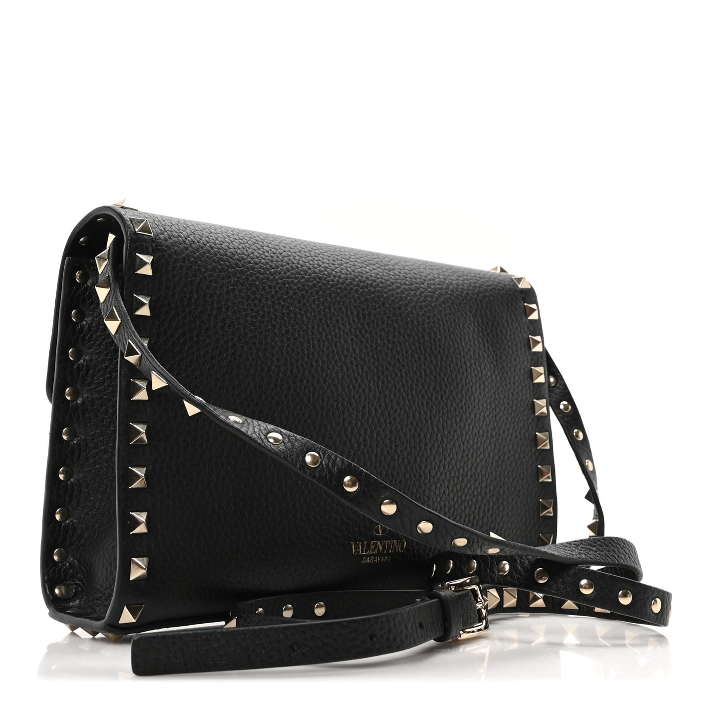 Pebbled Calfskin Medium Rockstud Flip Lock Crossbody Bag Black