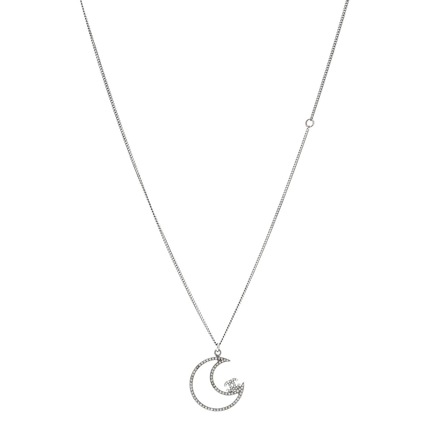 Chanel Ruthenium Crystal CC Moon Pendant Necklace 1892678