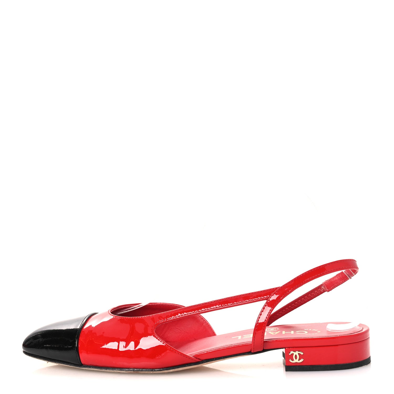 Chanel Patent Calfskin Cap Toe CC Slingback Flats 39 Red Black