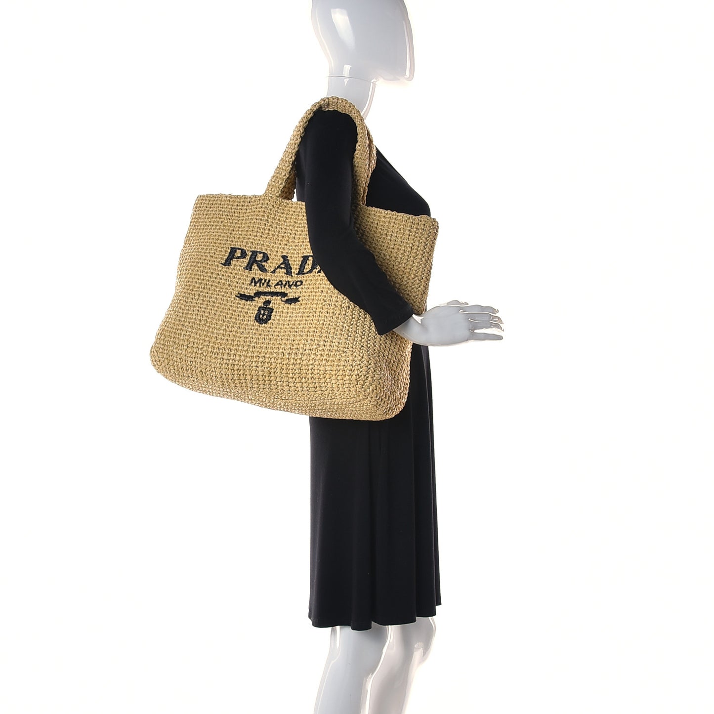 Yarn Raffia Effect Crochet Embroidered Logo Tote Naturale