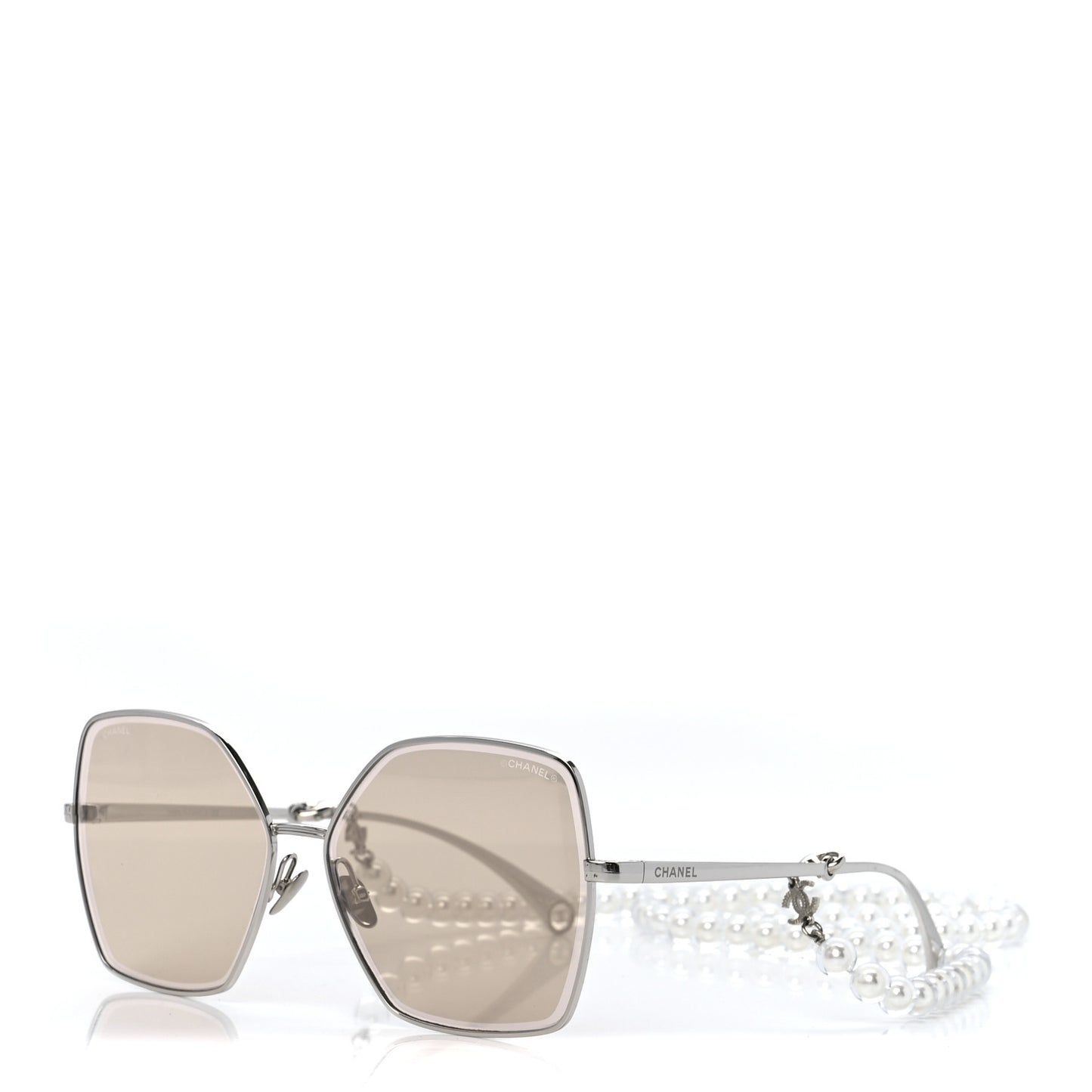 Metal Butterfly Removable Pearl Chain Sunglasses 4262 Silver Brown
