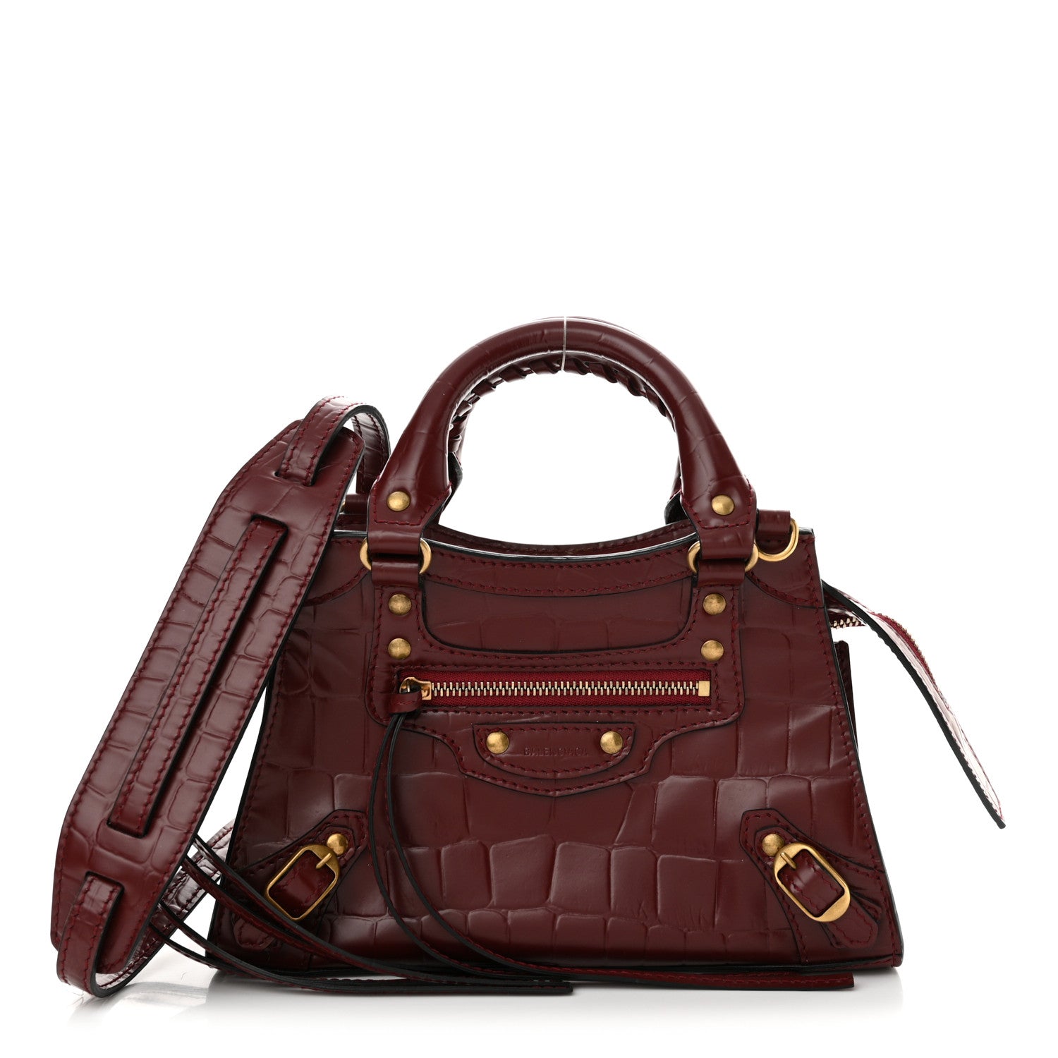 Balenciaga Semi Shiny Calfskin Crocodile Embossed Neo Classic Gold Hardware Mini City Dark Red 1 of 12