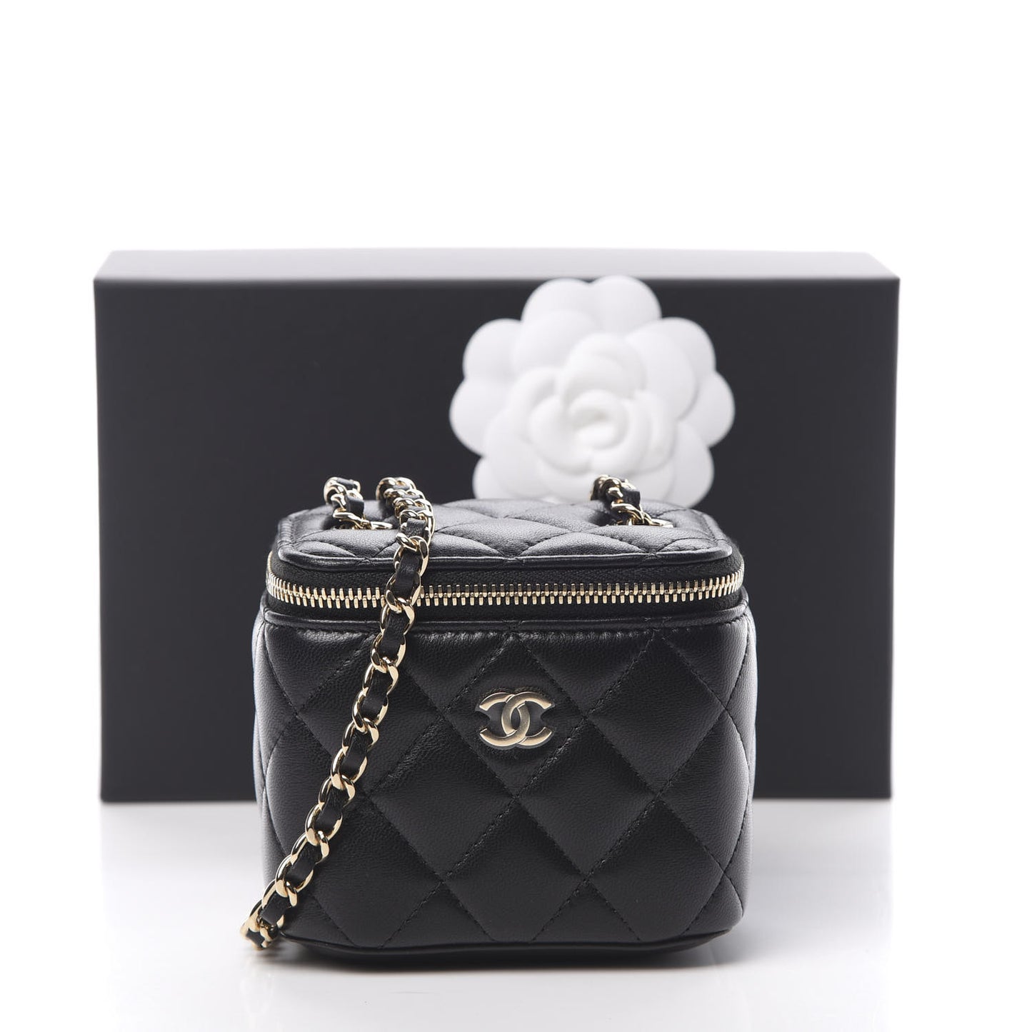 Lambskin Quilted Mini Vanity Case With Chain Black