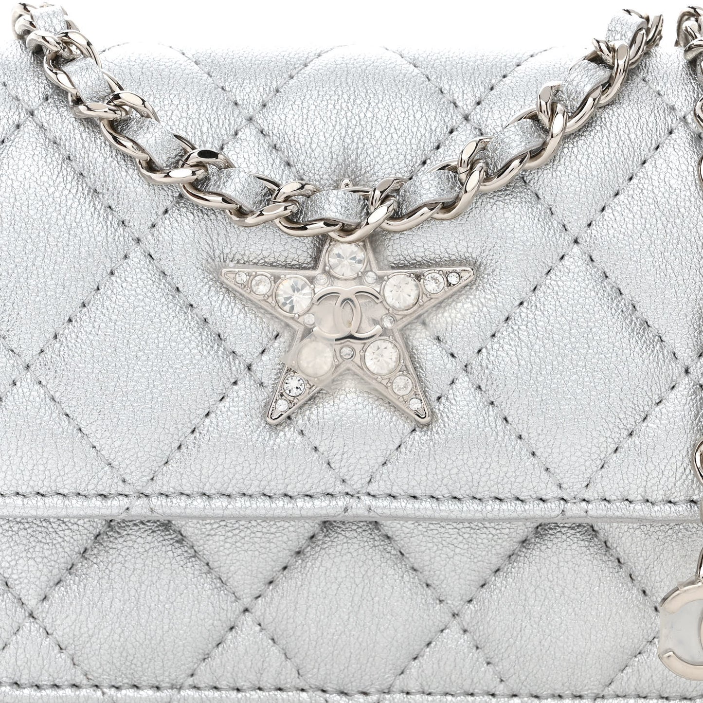 Metallic Goatskin Quilted Star Flap Waist Belt Bag Silver