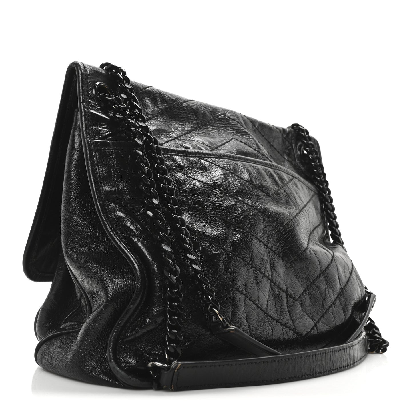 Crinkled Calfskin Matelasse Monogram Large Niki Chain Satchel Black