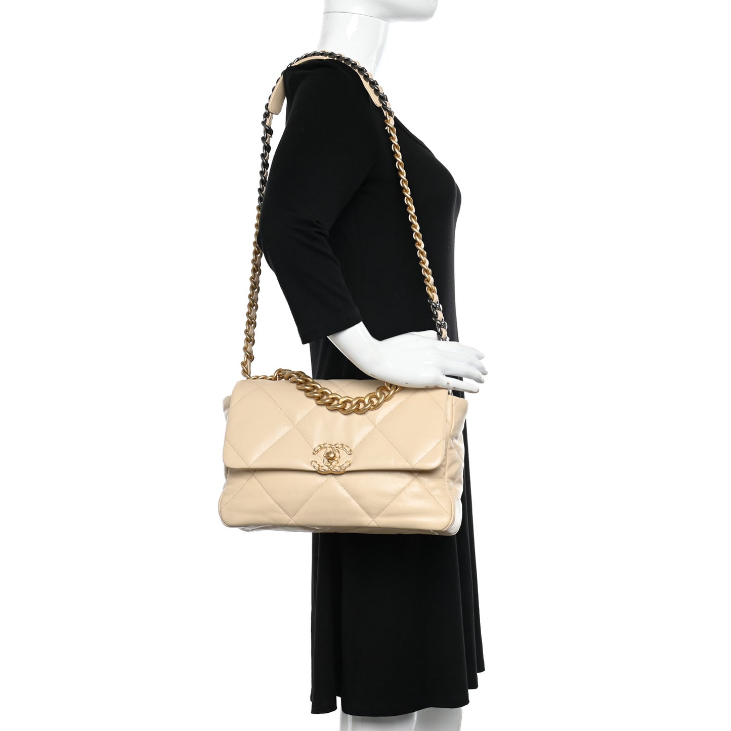 Goatskin Quilted Large Chanel 19 Flap Beige