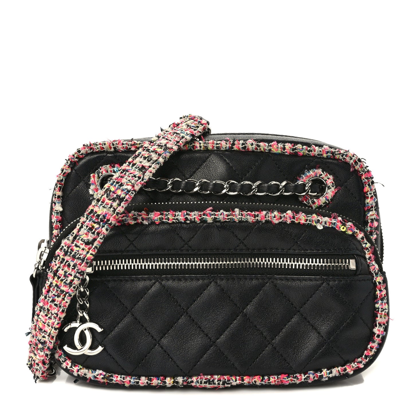 Lambskin Quilted Tweed Elegant Trim Front Zip Camera Case Black