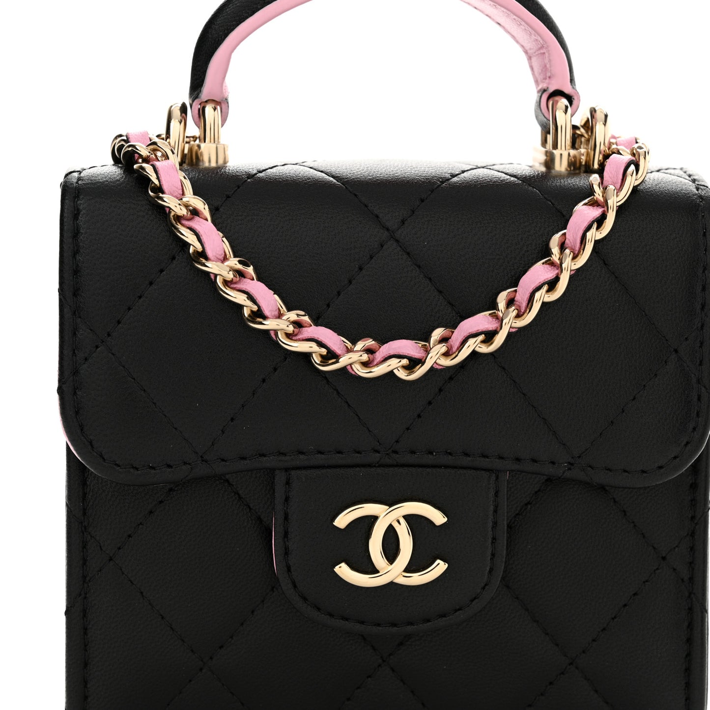 Lambskin Quilted Bi-Color Top Handle Clutch With Chain Black Pink