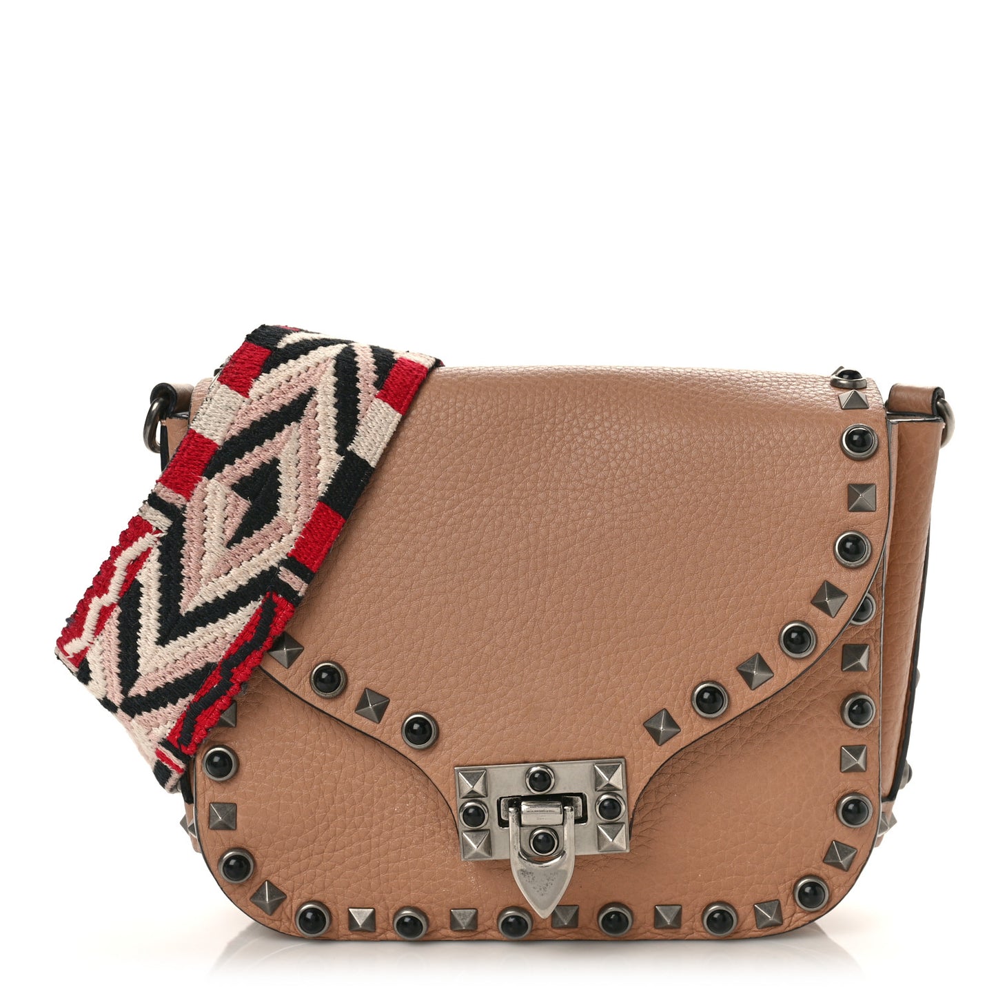 Grained Calfskin Onyx Guitar Strap Rockstud Rolling Shoulder Flap Messenger Bag Soft Noisette