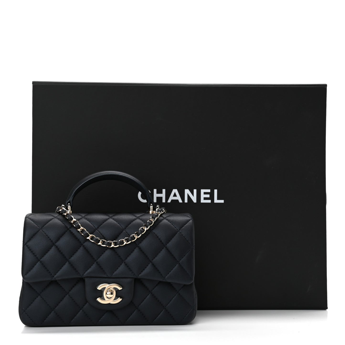 Lambskin Quilted Mini Top Handle Rectangular Flap Navy Blue
