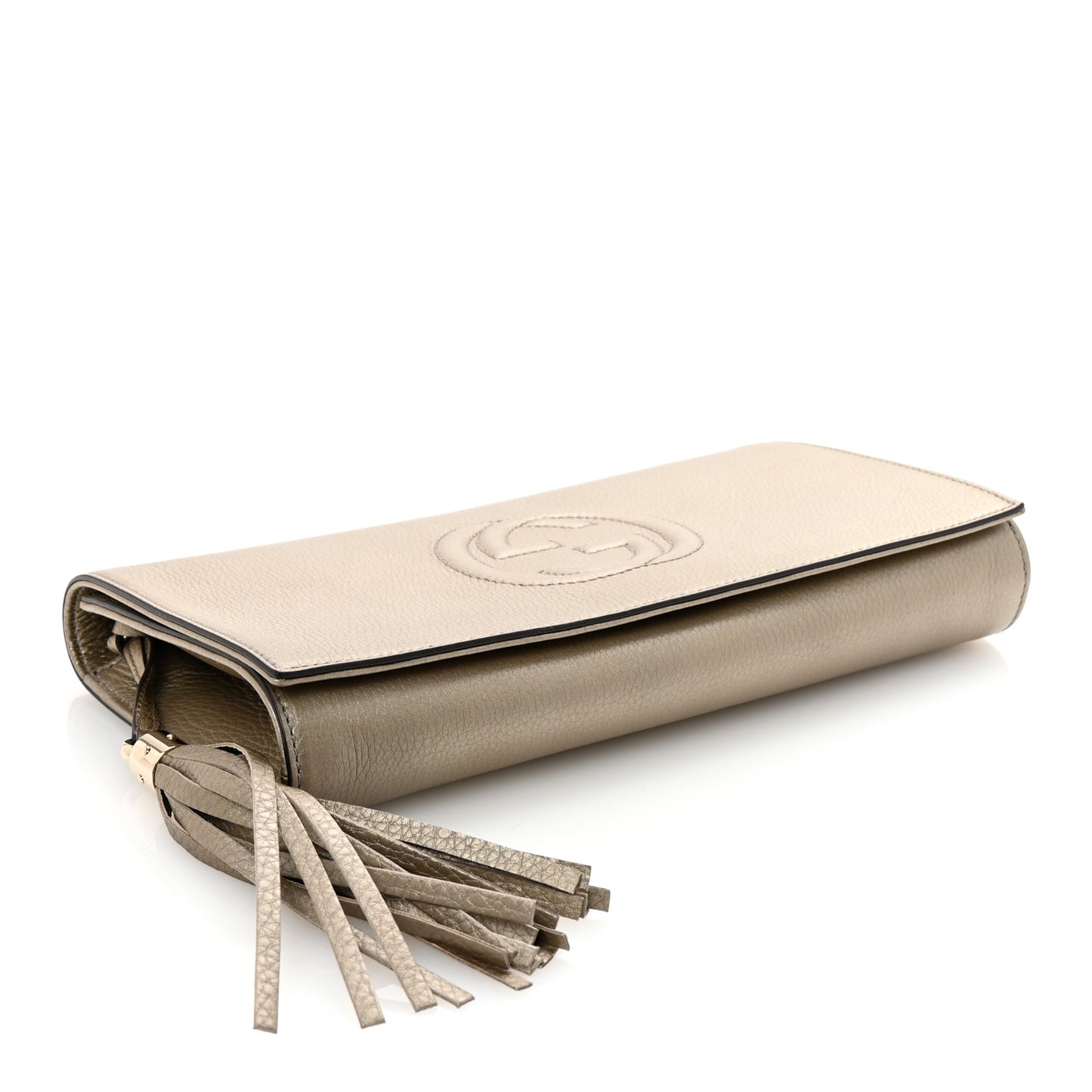 Metallic Pebbled Calfskin Medium Soho Clutch Golden Beige