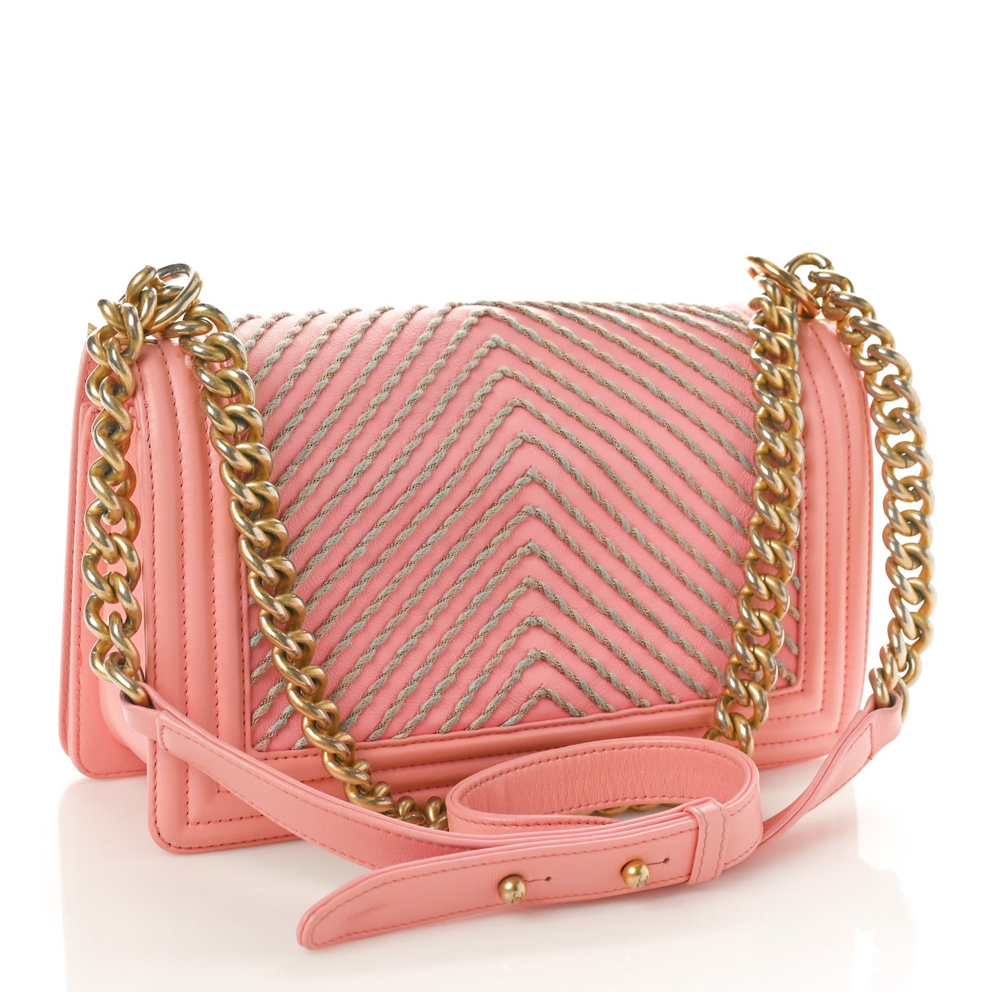 Calfskin Chevron Embroidered Medium Boy By The Sea Flap Pink