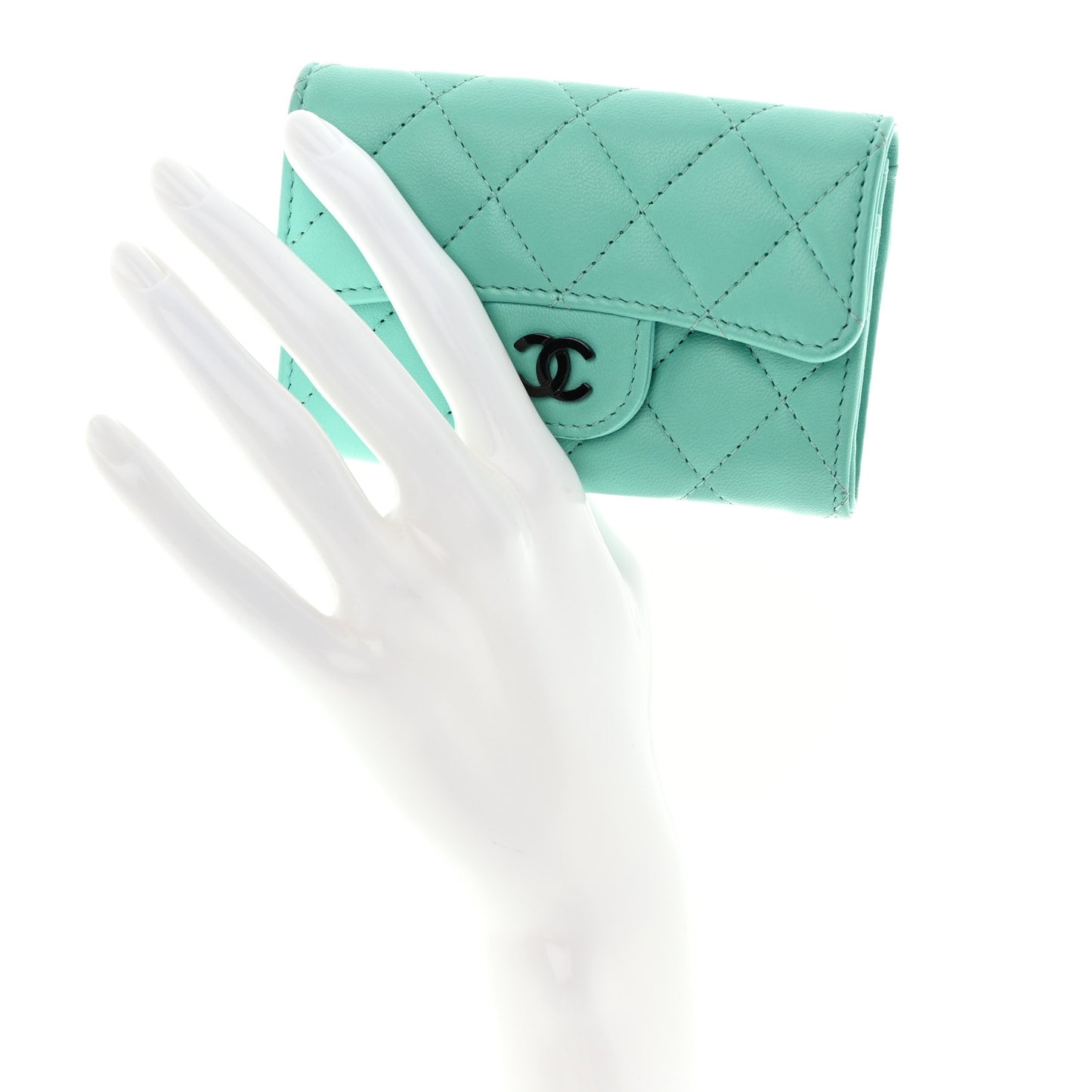 Lambskin Quilted Flap Card Holder Wallet Turquoise