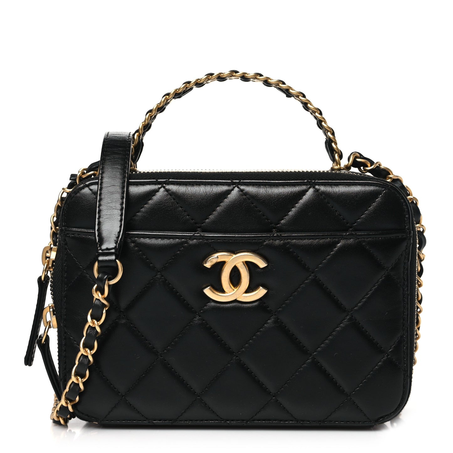 Shiny Calfskin Quilted Top Handle Vanity Black