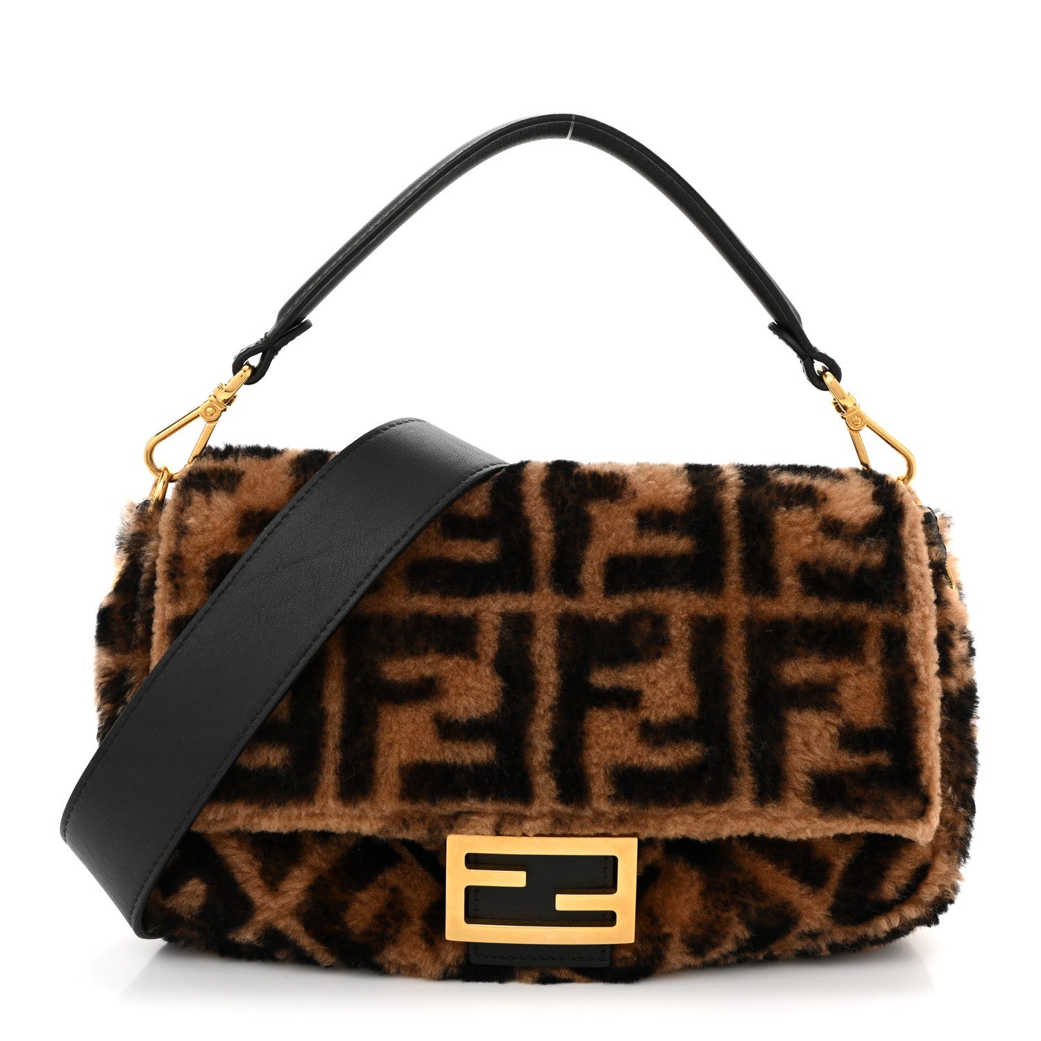 Fendi Shearling Vitello Dolce Macro FF 1974 Baguette Tobacco Black