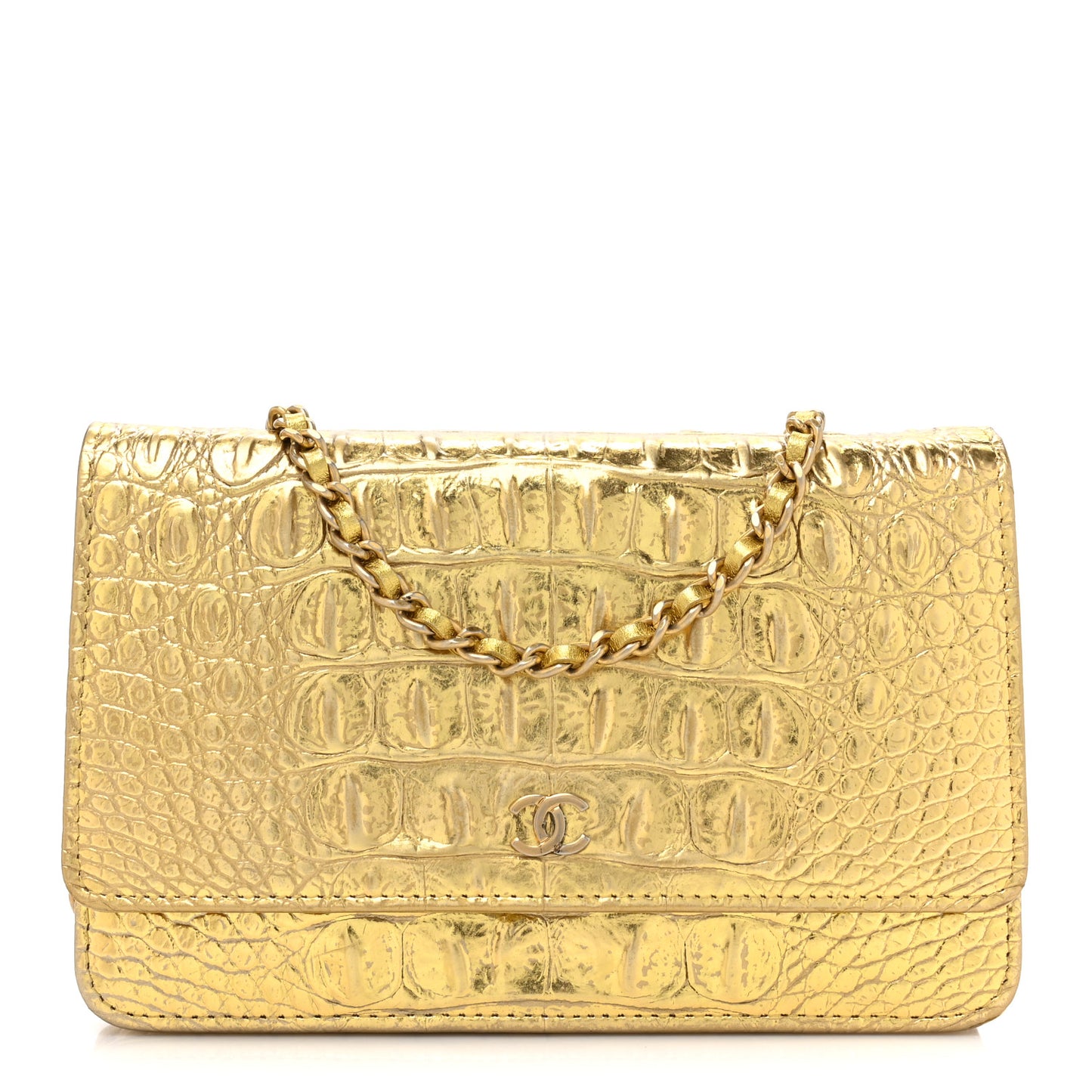 Metallic Calfskin Crocodile Embossed Cocodile Wallet On Chain WOC Gold