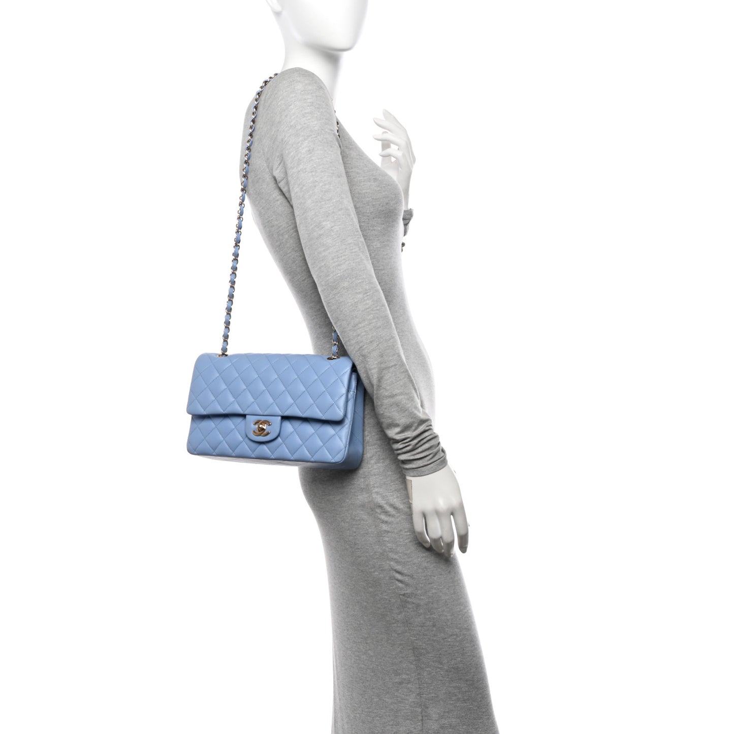 Lambskin Quilted Medium Double Flap Light Blue