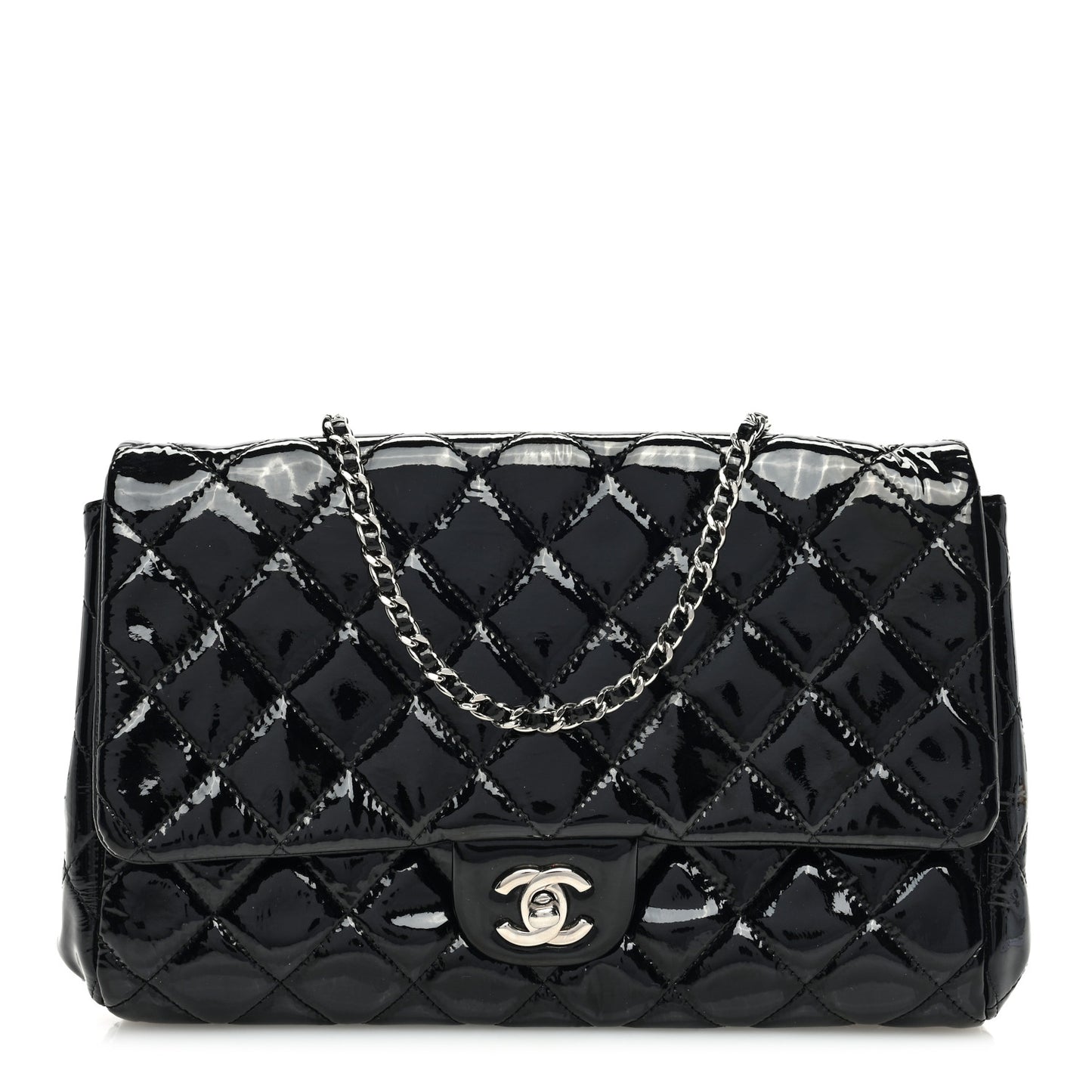 Patent Quilted Clutch with Chain Flap Black