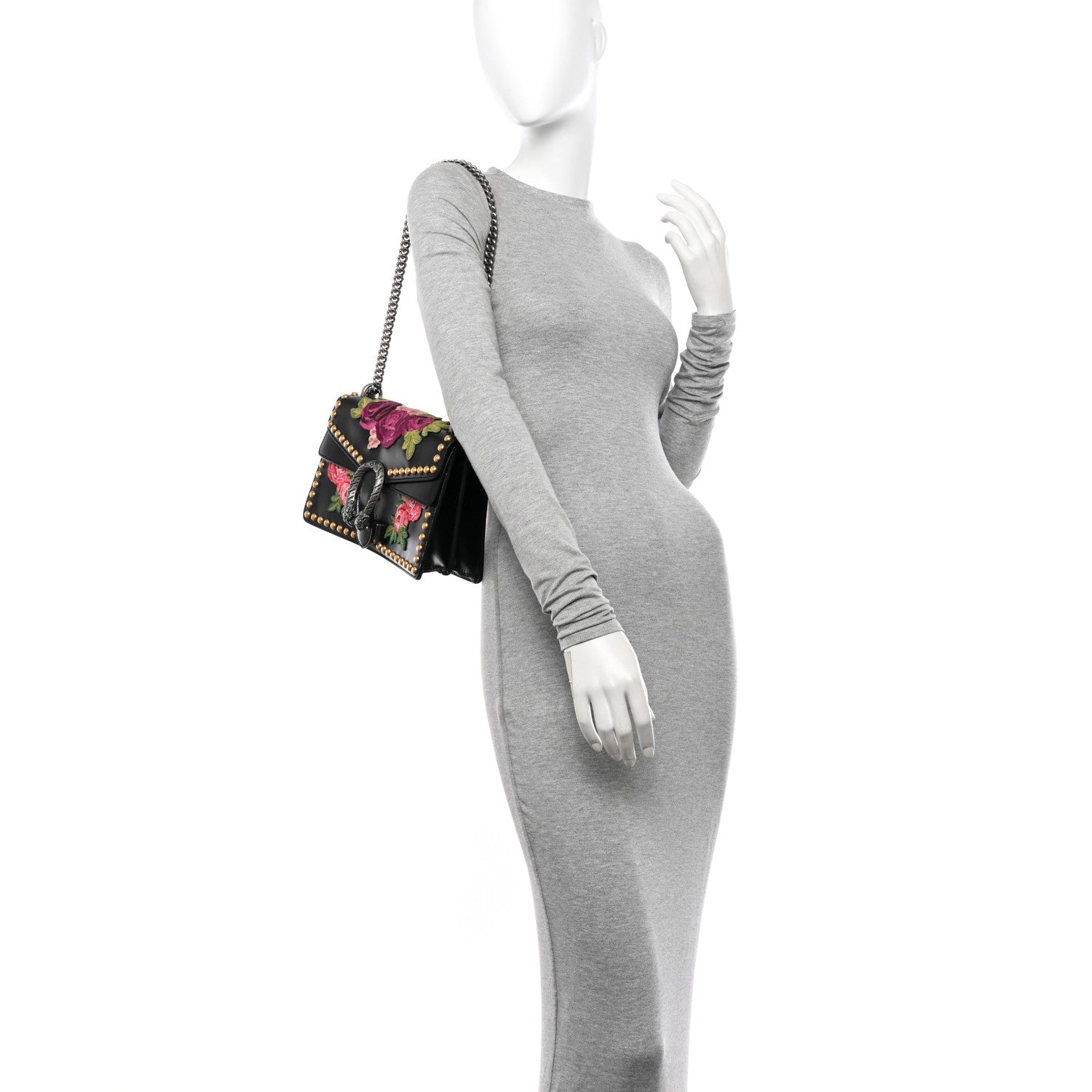 Gucci Calfskin Floral Embroidered Studded Small Dionysus Shoulder Bag Black 2 of 10
