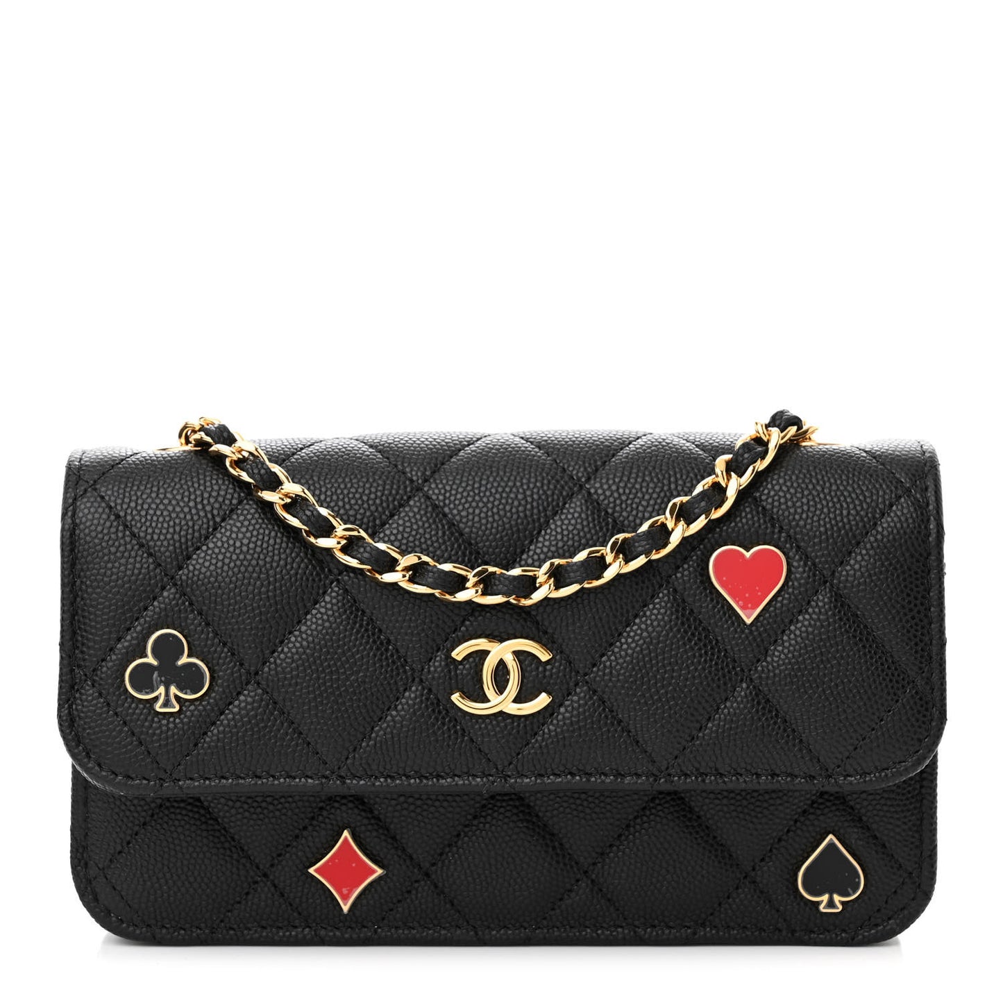 Caviar Quilted Enamel Coco Casino Flap Phone Holder With Chain Black