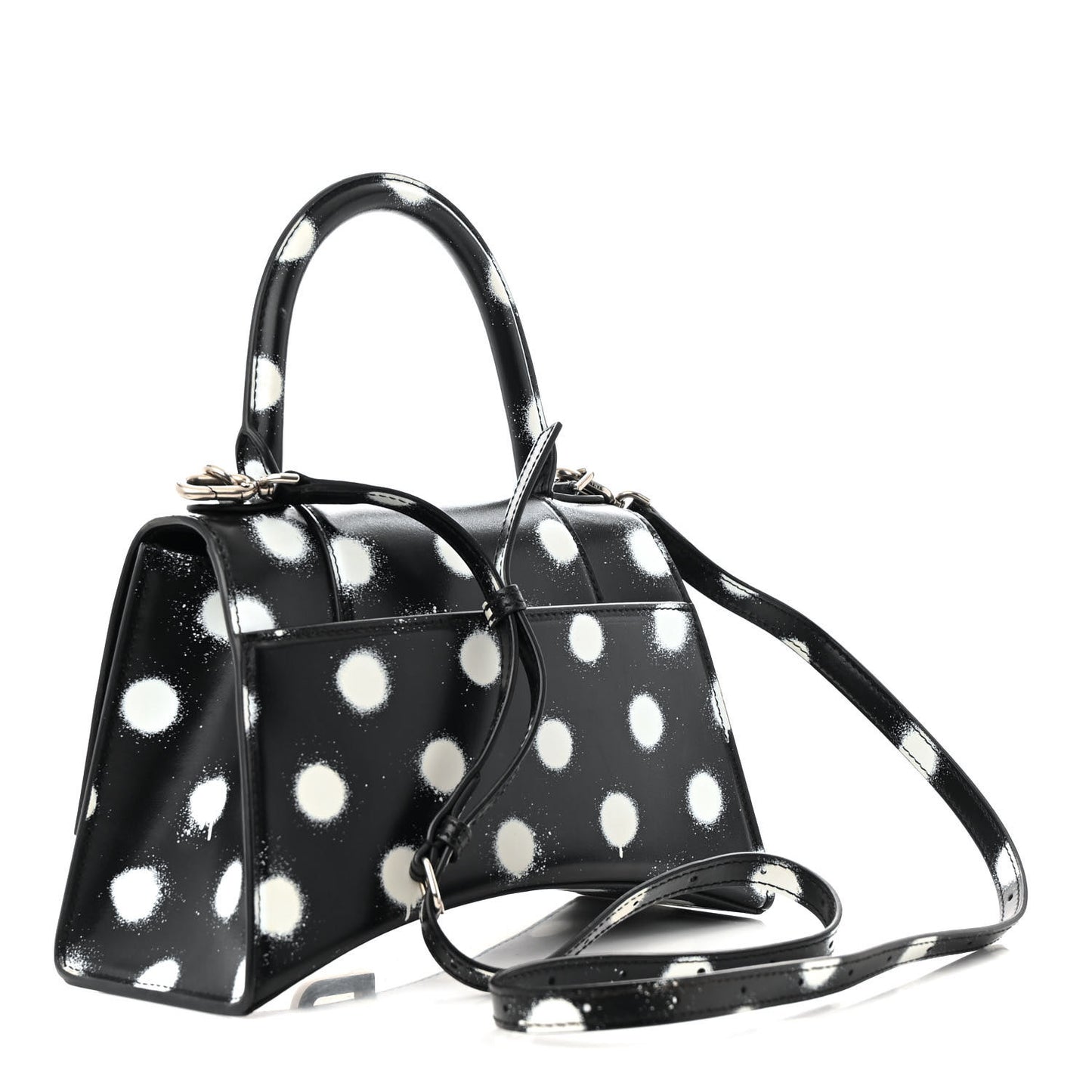 Smooth Calfskin Spray Polka Dot Small Hourglass Top Handle Bag Black White