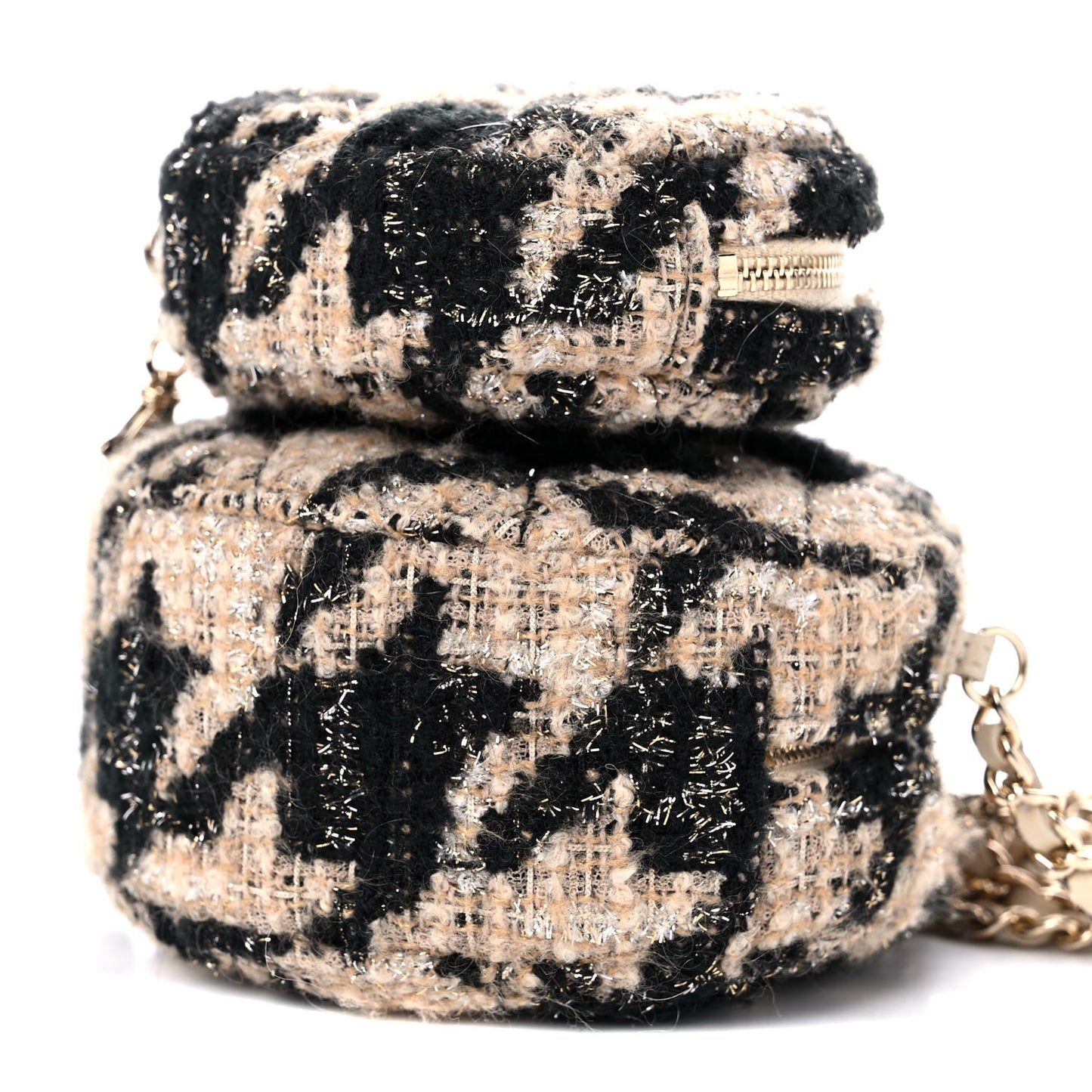 Tweed Shearling Round Clutch With Chain and Coin Purse Beige Black