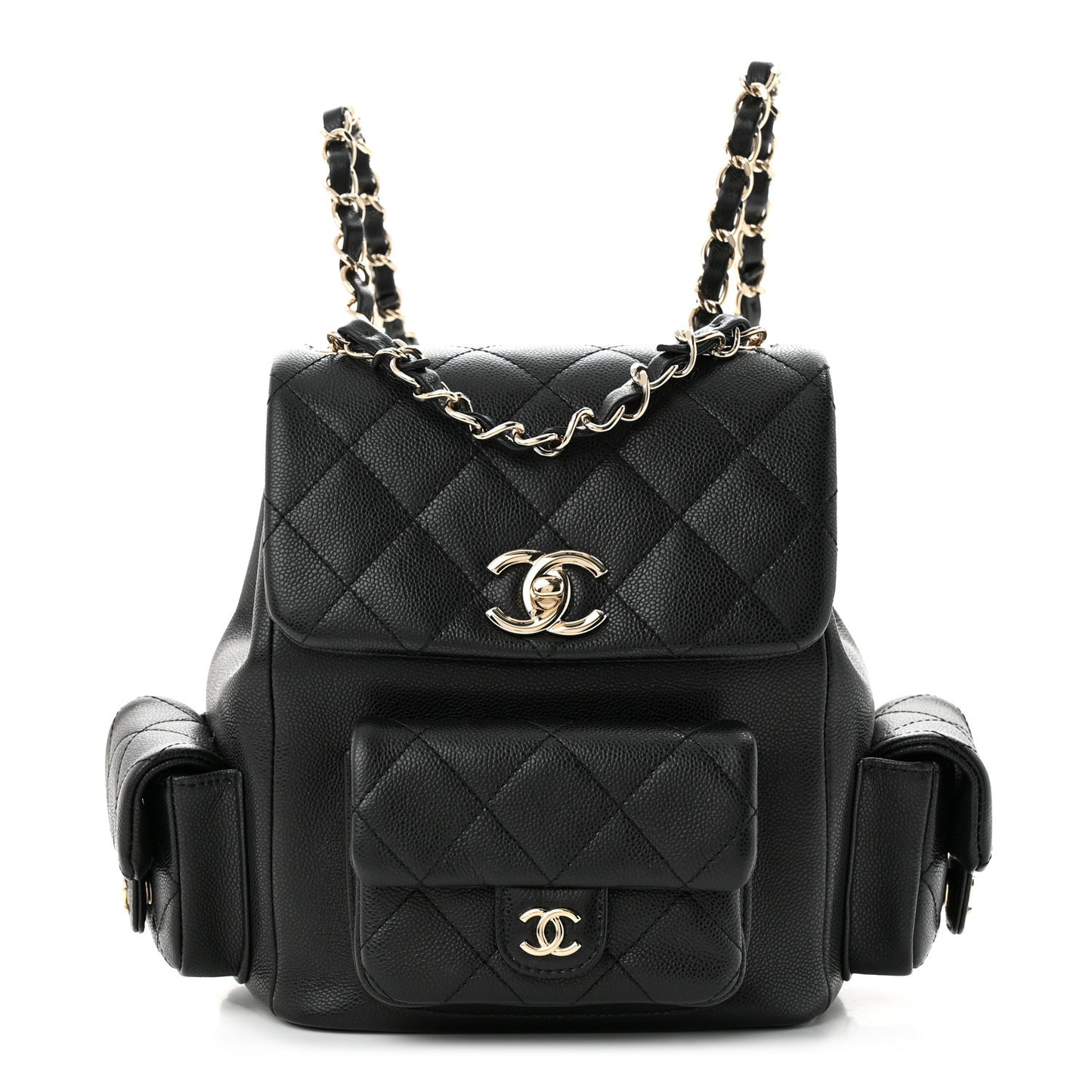 Shiny Caviar Quilted Small Pockets Drawstring Backpack Black