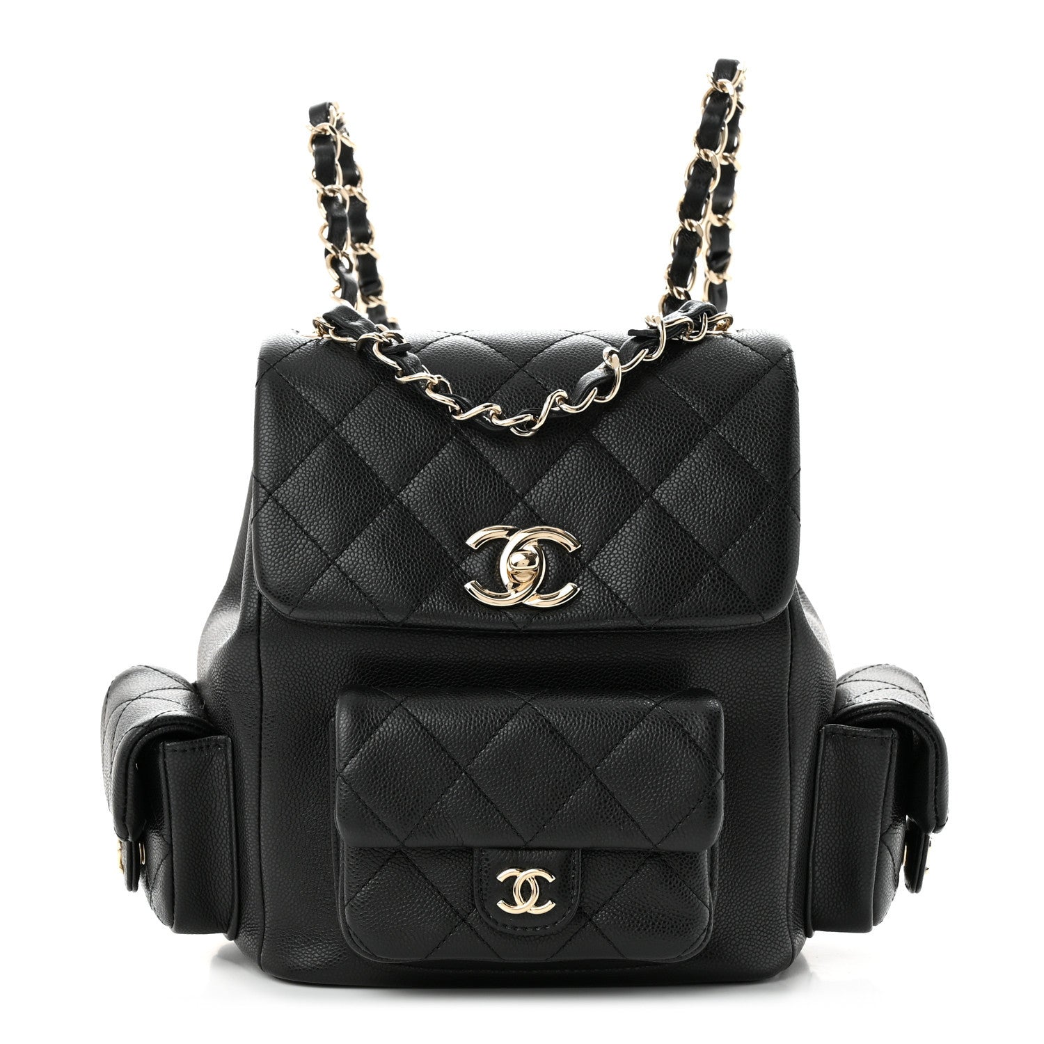 Chanel Shiny Caviar Quilted Small Pockets Drawstring Backpack Black 1 of 10