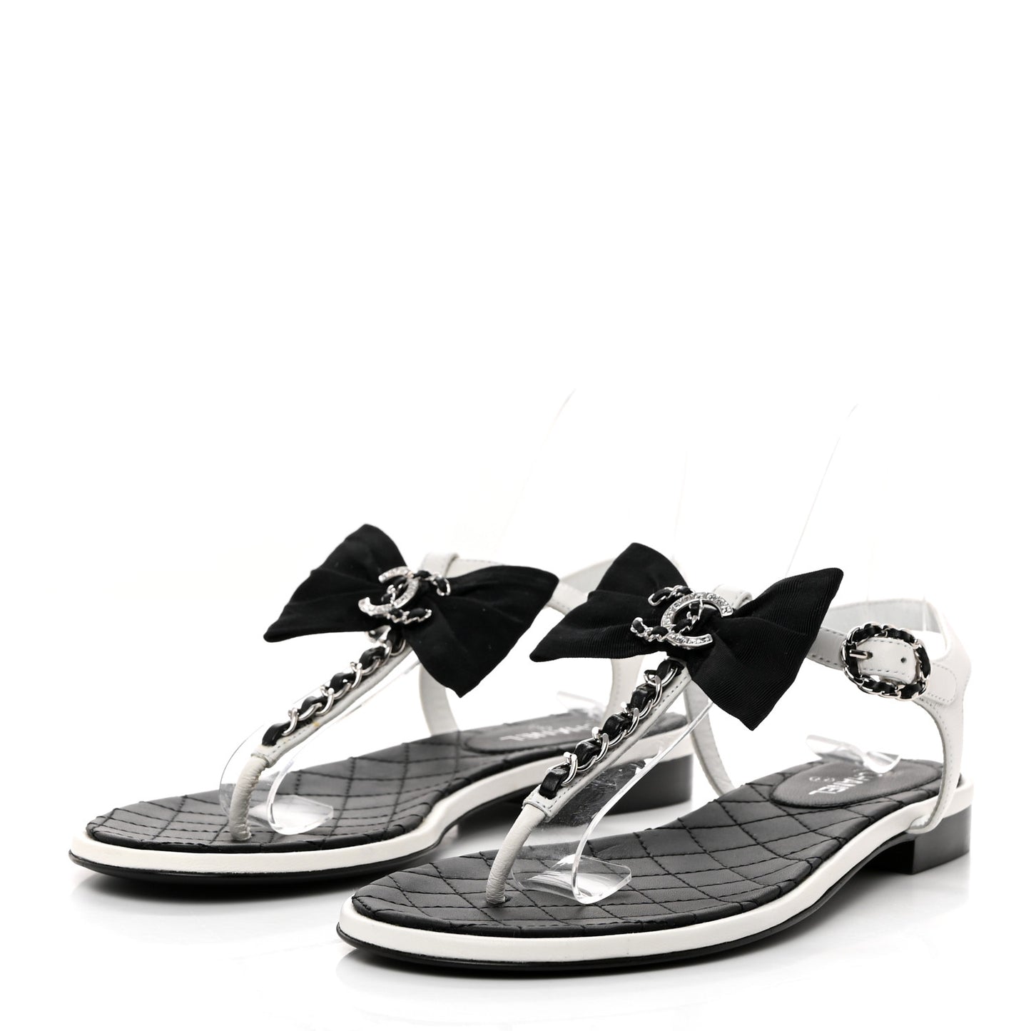 Lambskin Crystal Chain CC Logo Thong Sandals 37 White