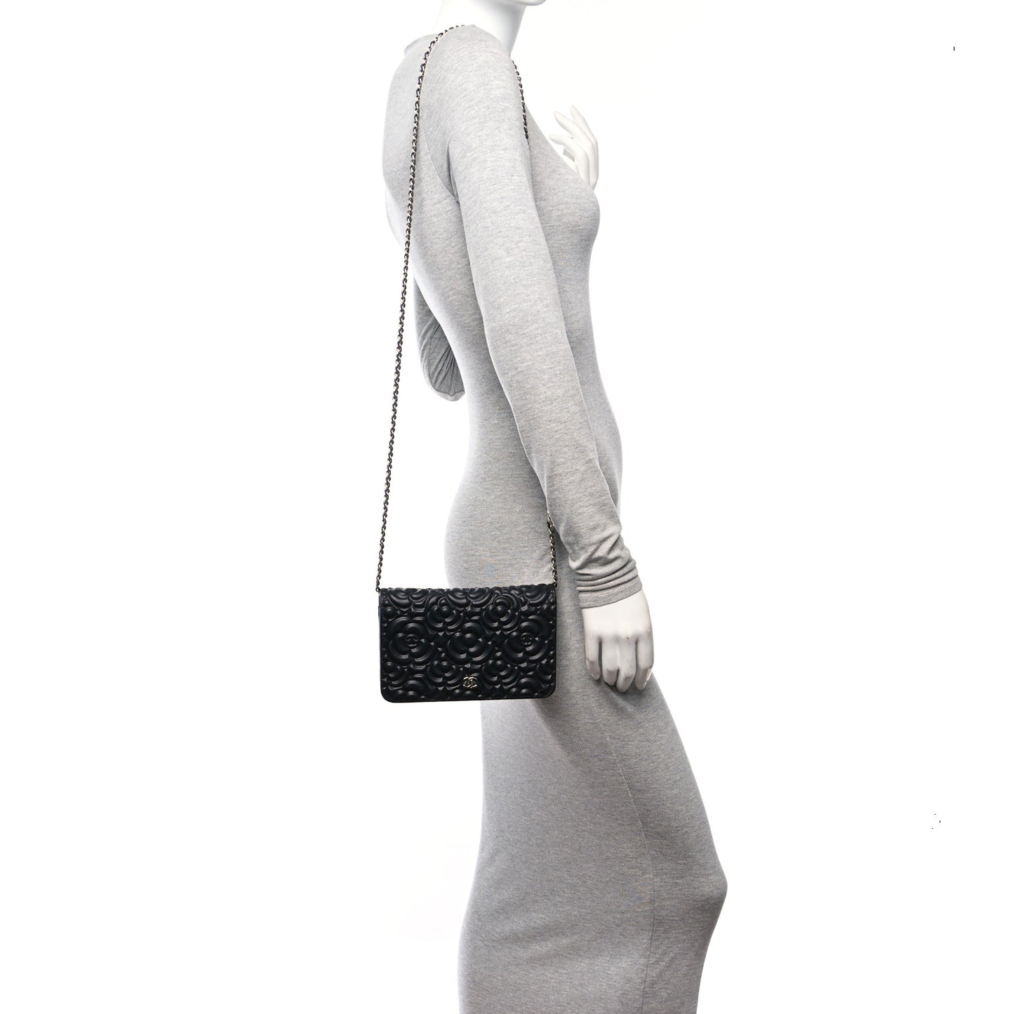 Lambskin Camellia Embossed Wallet On Chain WOC Black