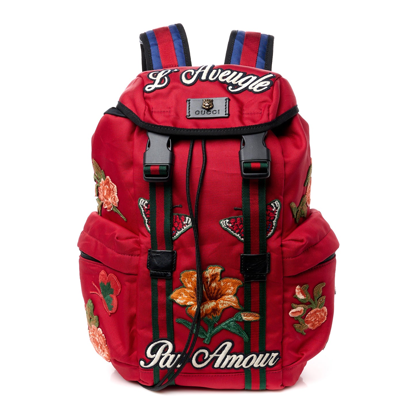 Techno Canvas L'Aveugle Par Amour Embroidered Double Buckle Backpack Red