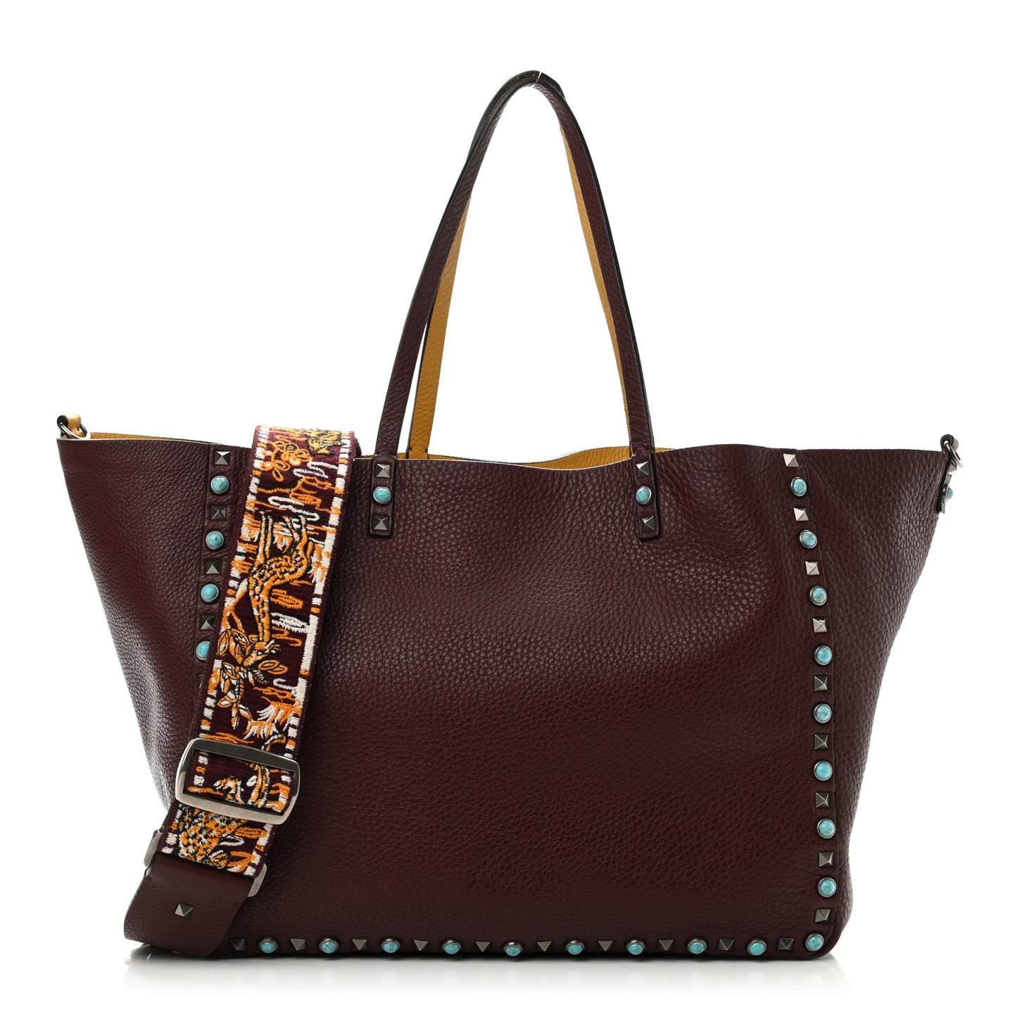 Stampa Alce Calfskin Medium Guitar Strap Rockstud Rolling Reversible Tote Wine Yellow