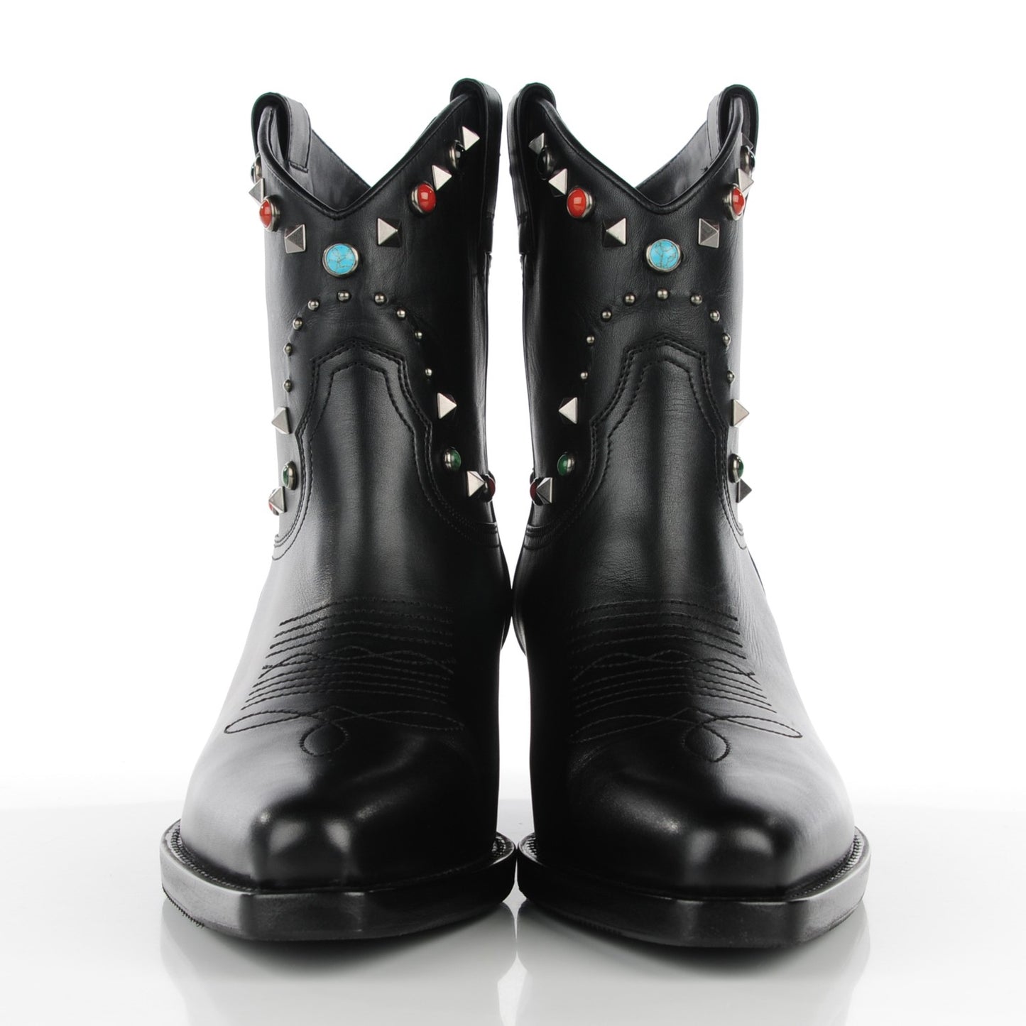 Calfskin Rockstud Rolling Cowboy Ankle Boots 39 Black