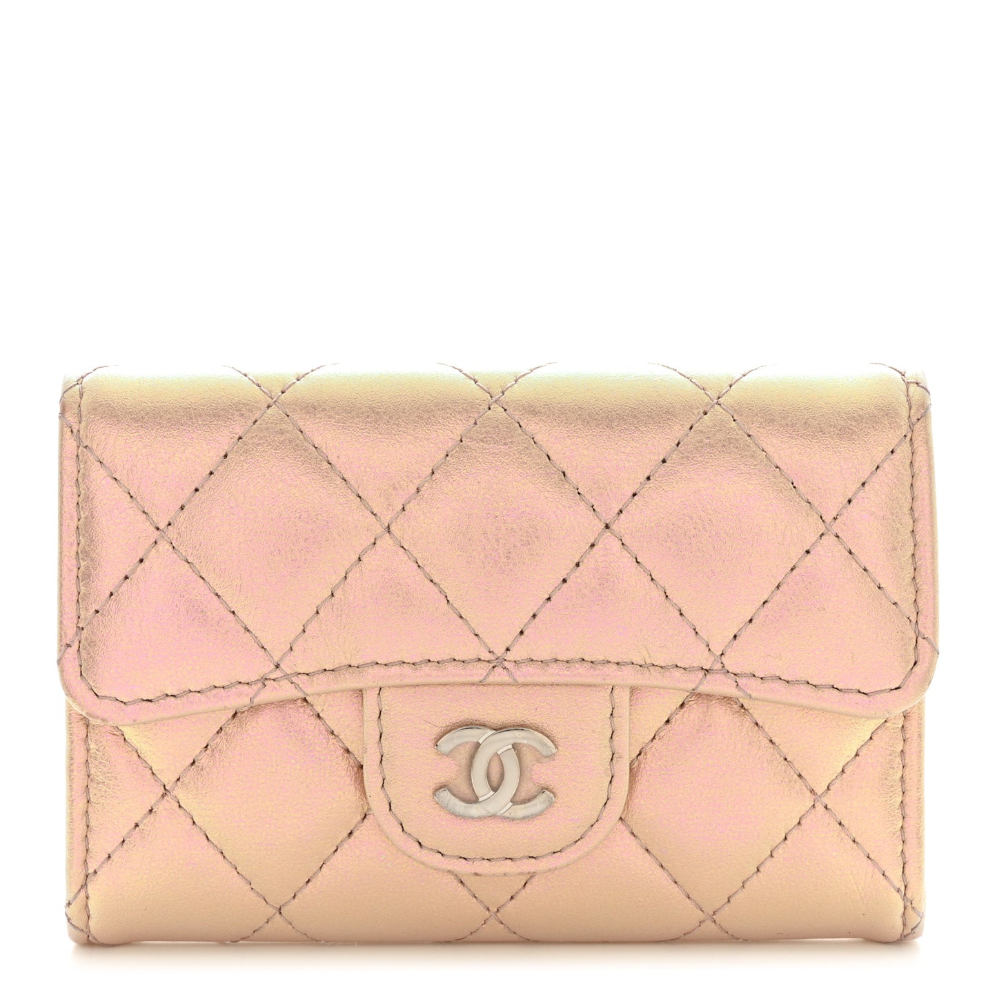 Iridescent Calfskin Quilted Flap Card Holder Wallet Pink
