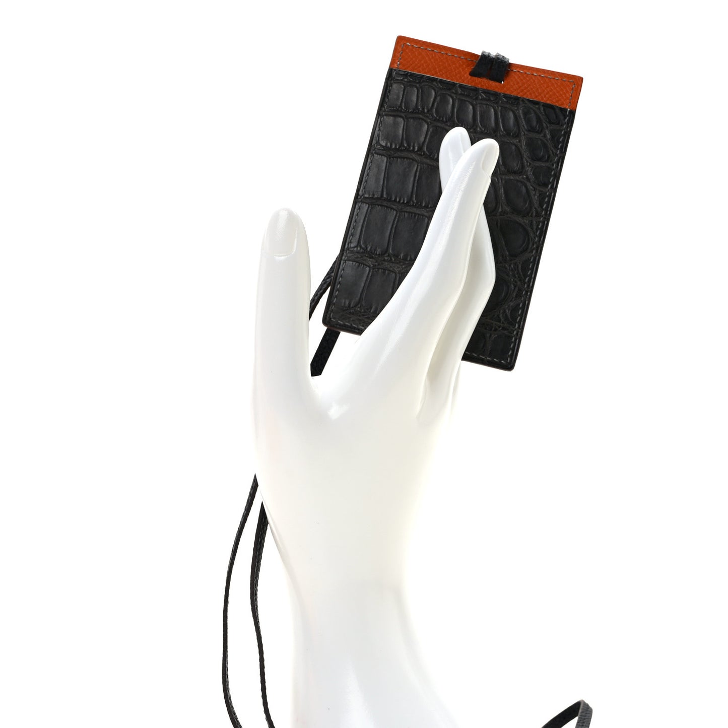 Matte Crocodile Epsom Petit H Lanyard Card Holder Graphite Orange