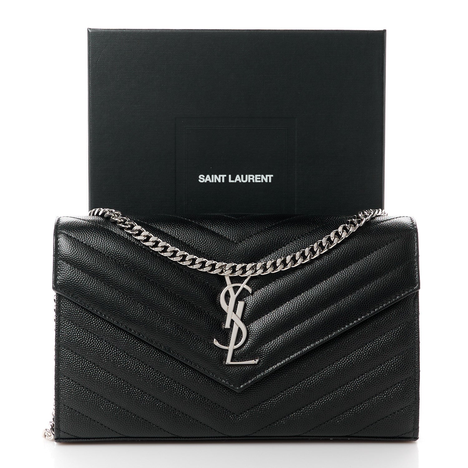 Saint Laurent Grain De Poudre Matelasse Chevron Monogram Chain Wallet Black 10 of 10