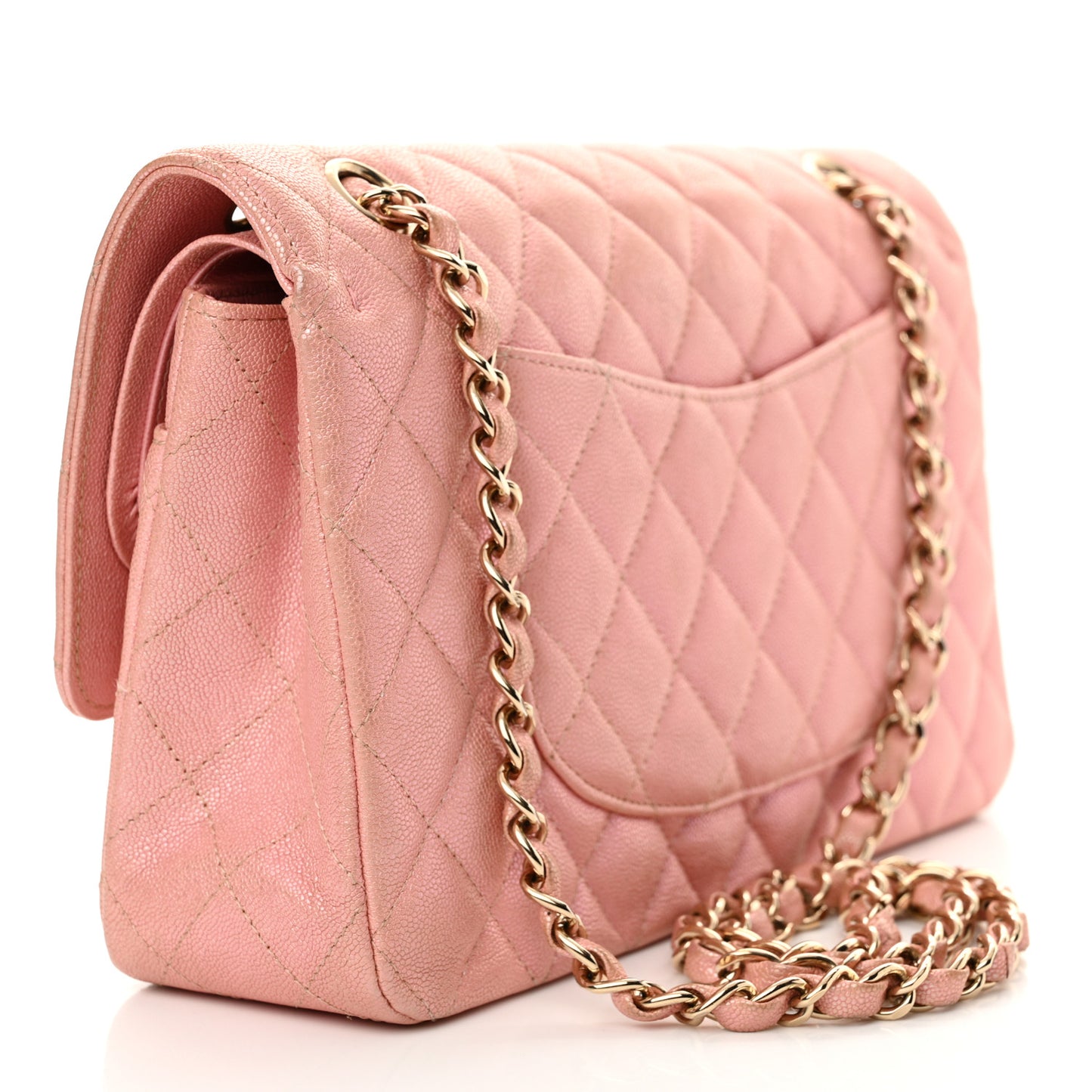 Iridescent Caviar Quilted Medium Double Flap Rose Pink