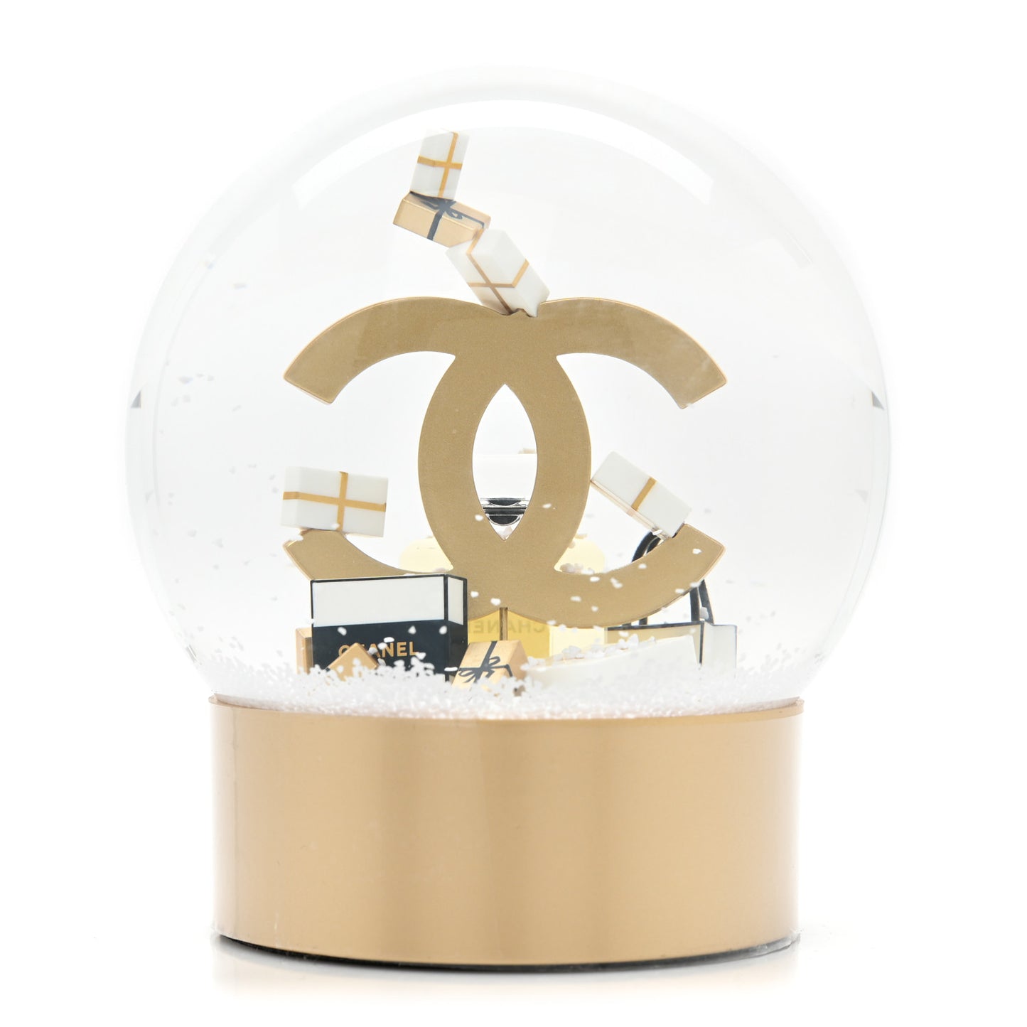 Glass CC Shopping Bag Snow Globe Gold