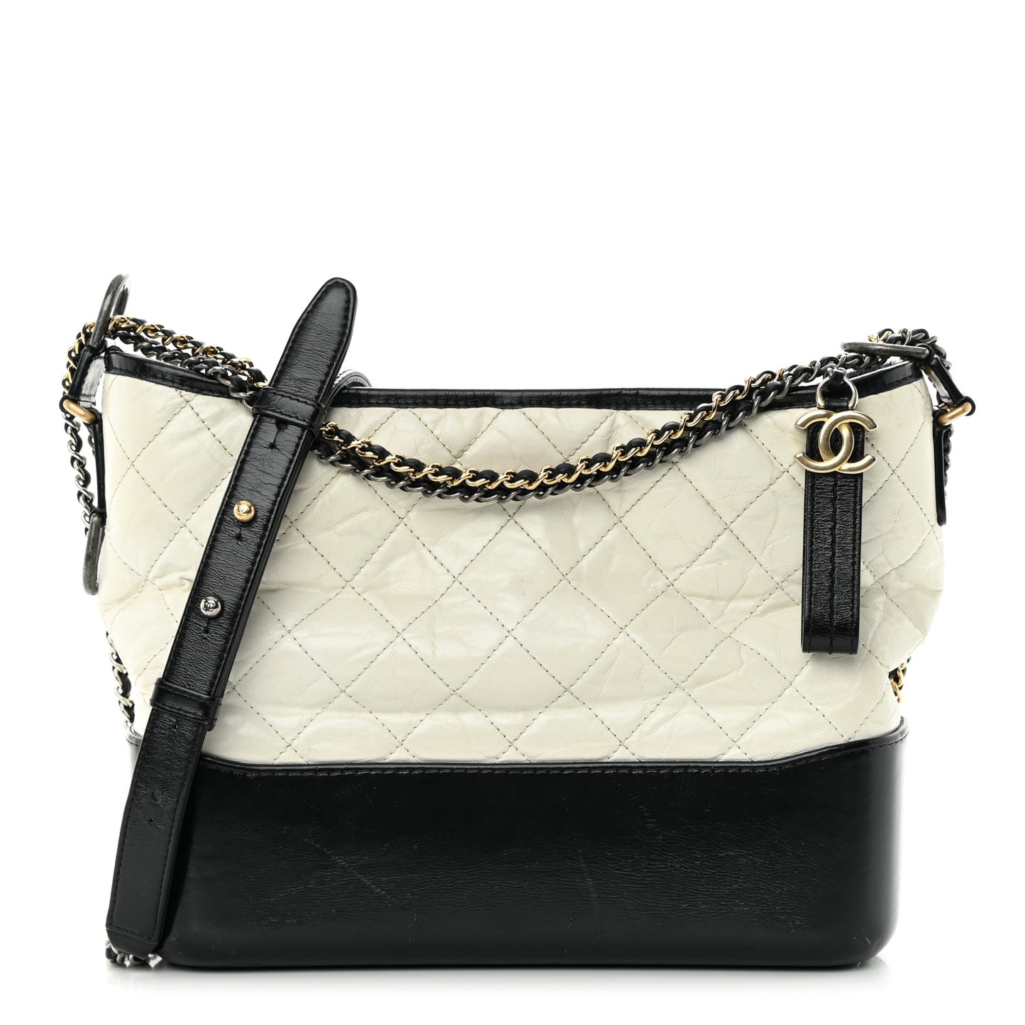 Aged Calfskin Quilted Medium Gabrielle Hobo Black White