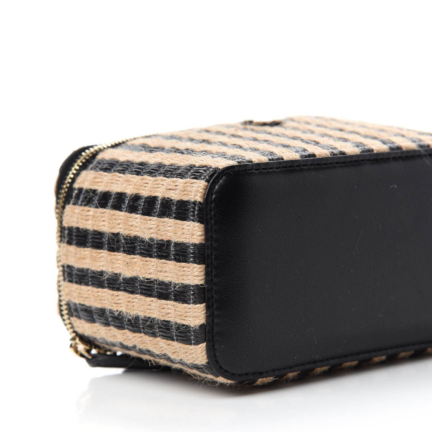 Raffia Jute Striped Small Vanity Case With Chain Black Beige