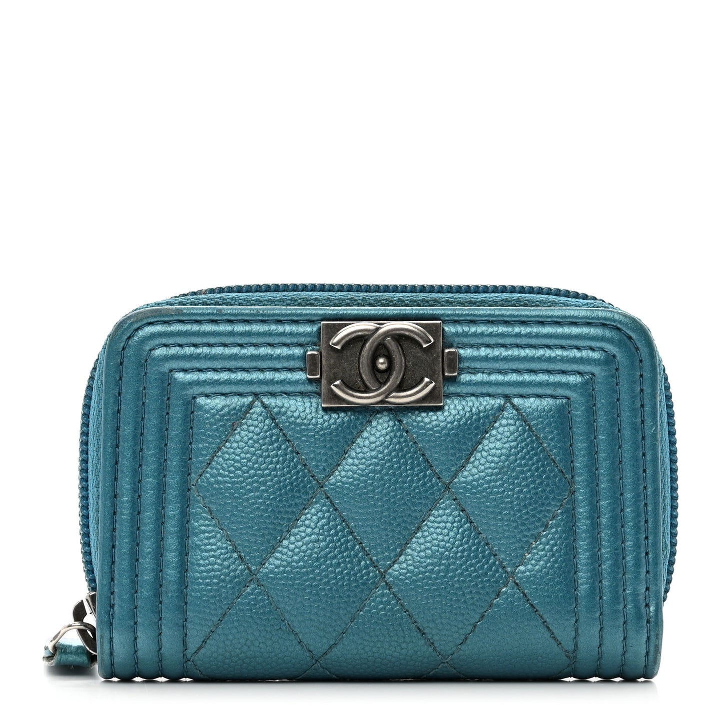 Metallic Caviar Quilted Boy Zip Around Coin Purse Wallet Turquoise