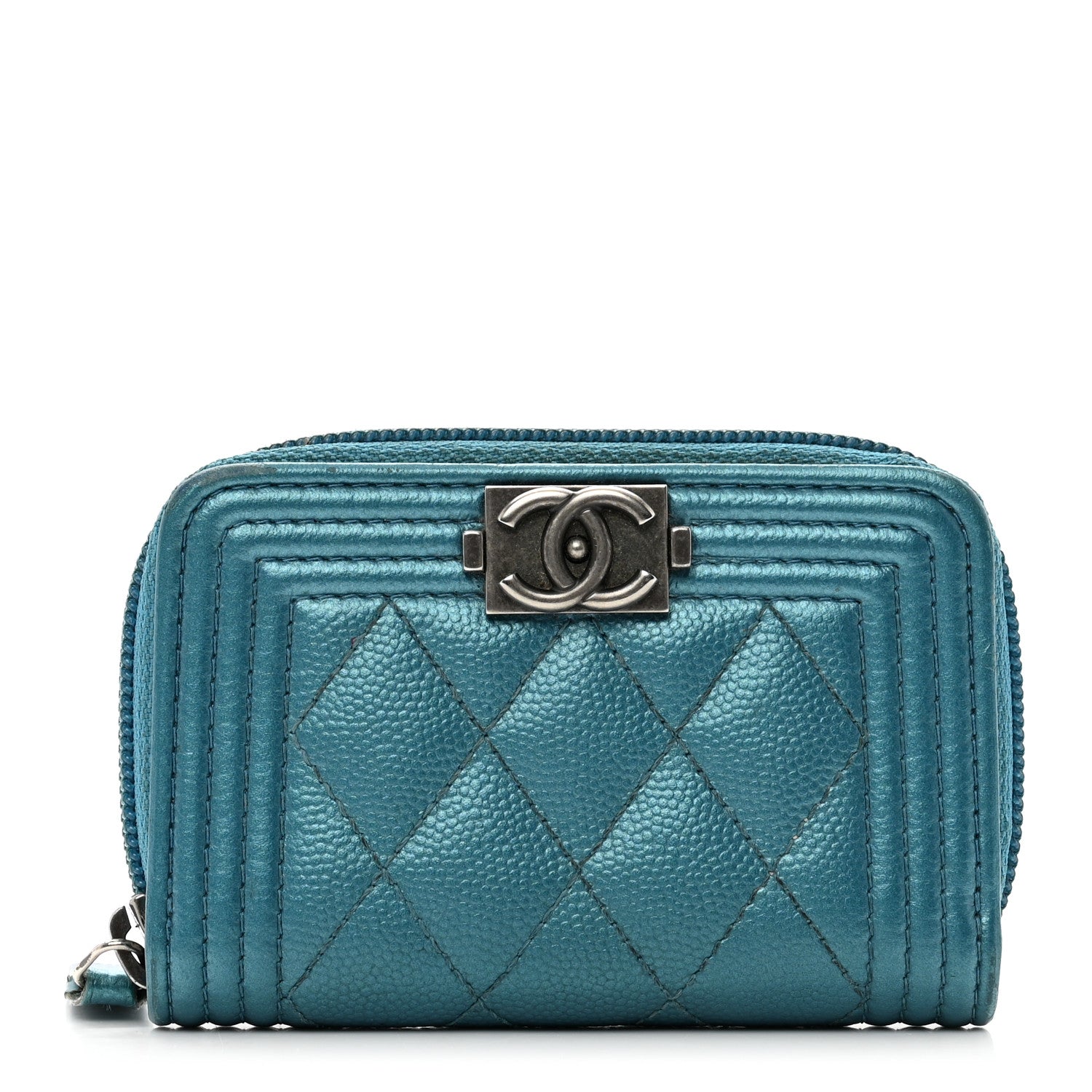 Chanel Metallic Caviar Quilted Boy Zip Around Coin Purse Wallet Turquoise 1 of 9