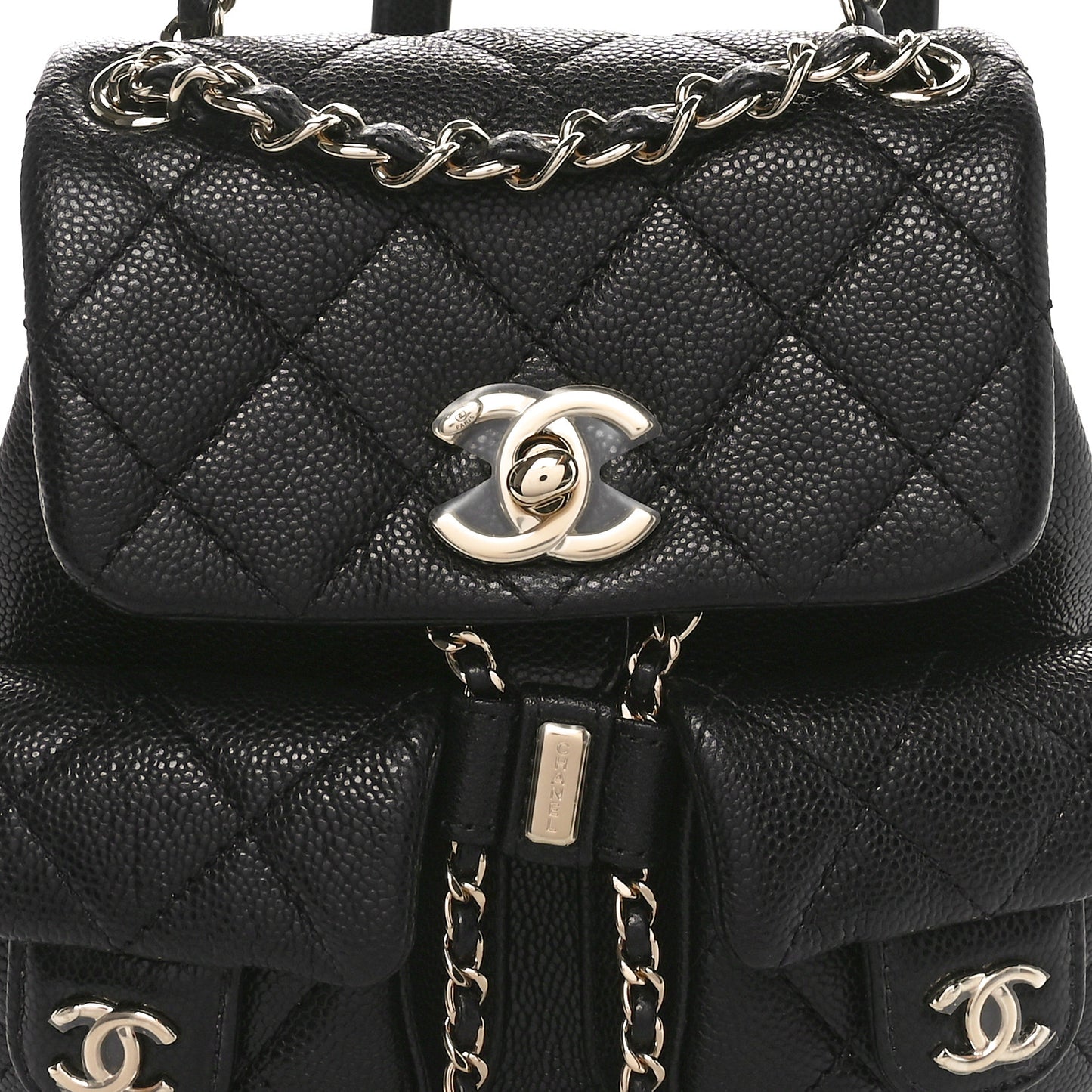 Shiny Caviar Quilted Small Duma Pockets Drawstring Backpack Black