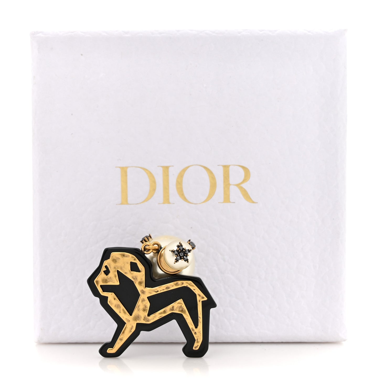 Crystal Pearl Tribales Lion Charm Earring Aged Gold Black