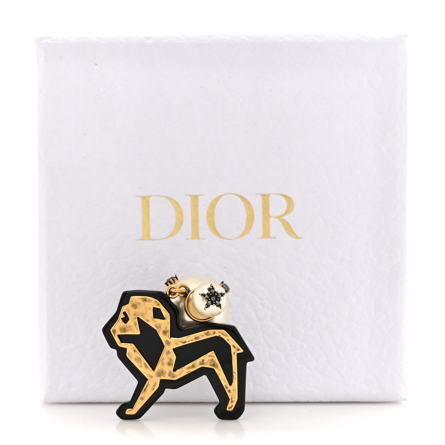 Christian Dior Crystal Pearl Tribales Lion Charm Earring Aged Gold Black 6 of 6