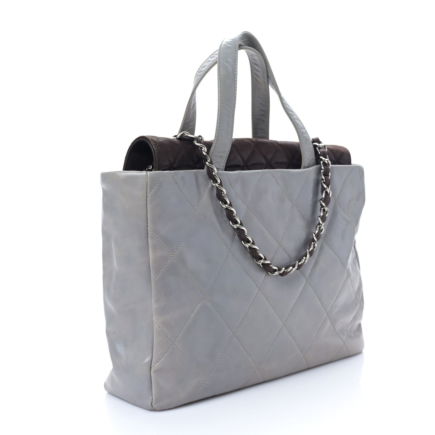 Glazed Calfskin Quilted Portobello Tote Grey Dark Brown
